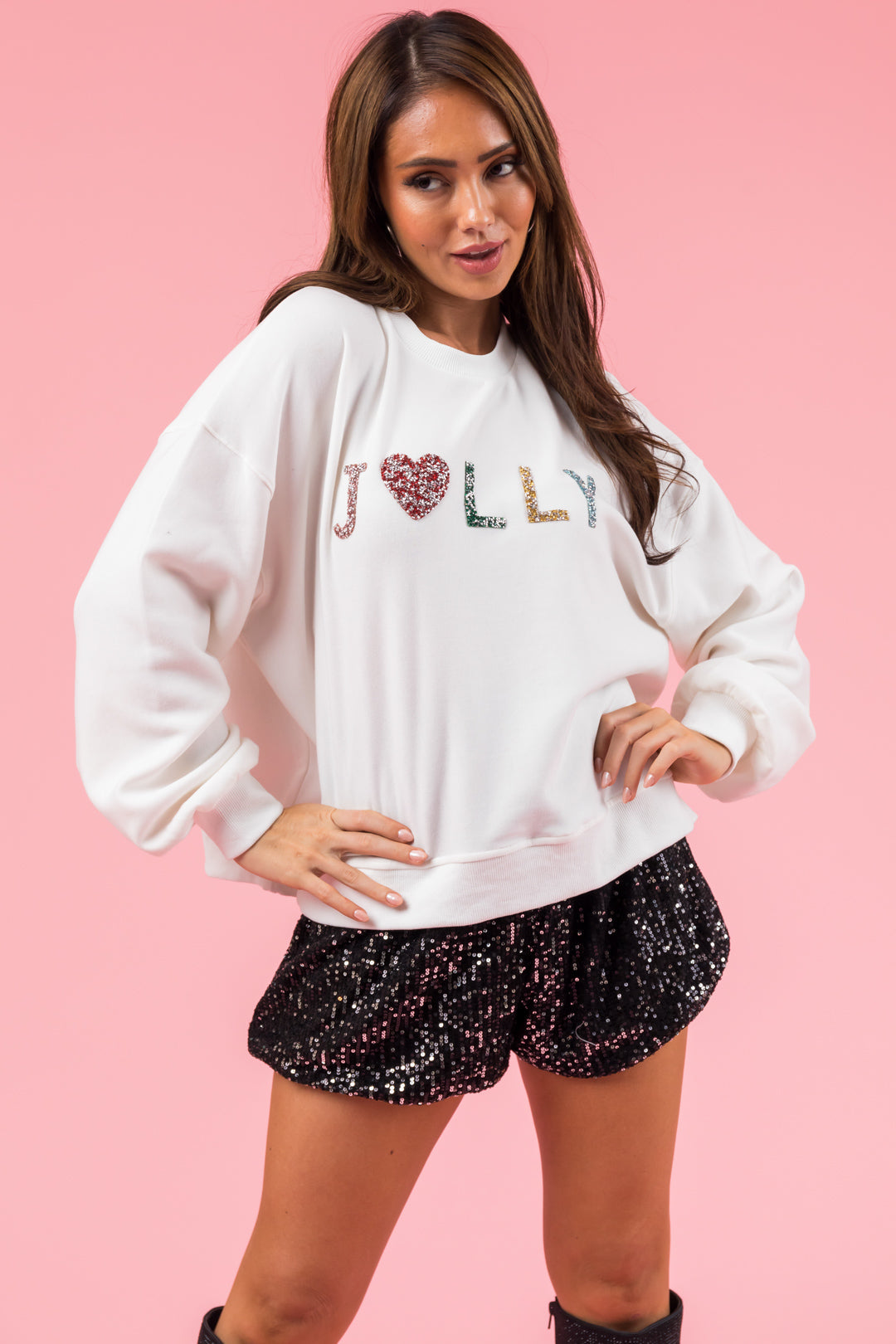 Ivory Rhinestone "Jolly" Long Sleeve Sweatshirt