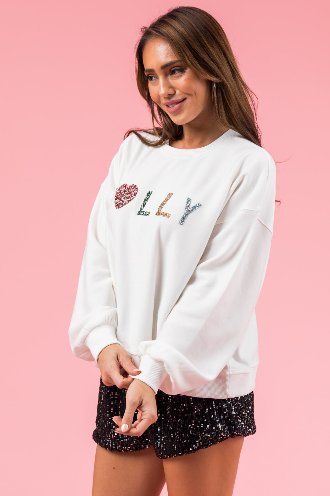 Ivory Rhinestone "Jolly" Long Sleeve Sweatshirt