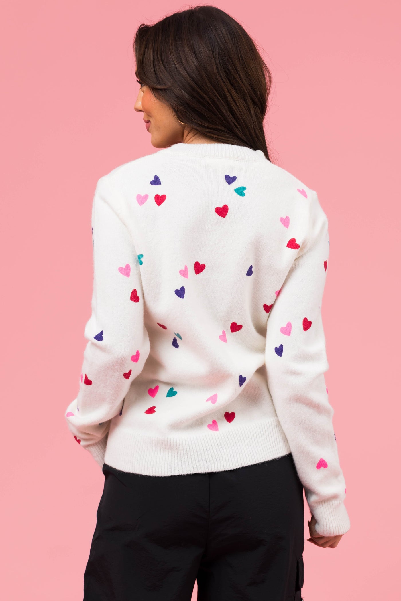 Ivory Small Hearts Pattern Long Sleeve Sweater