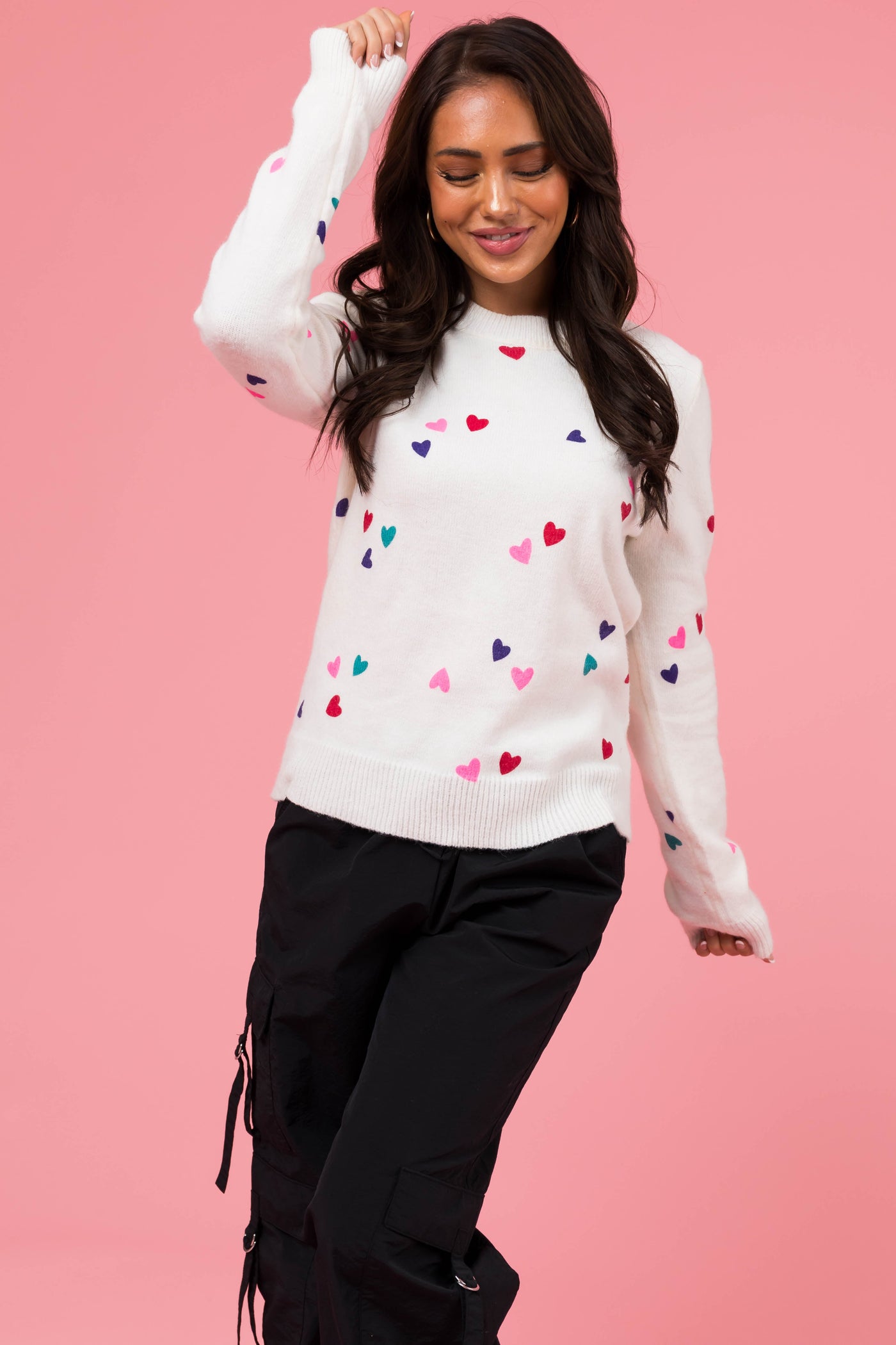 Ivory Small Hearts Pattern Long Sleeve Sweater
