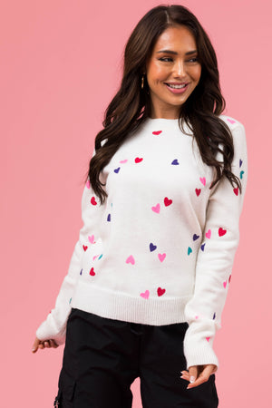 Ivory Small Hearts Pattern Long Sleeve Sweater