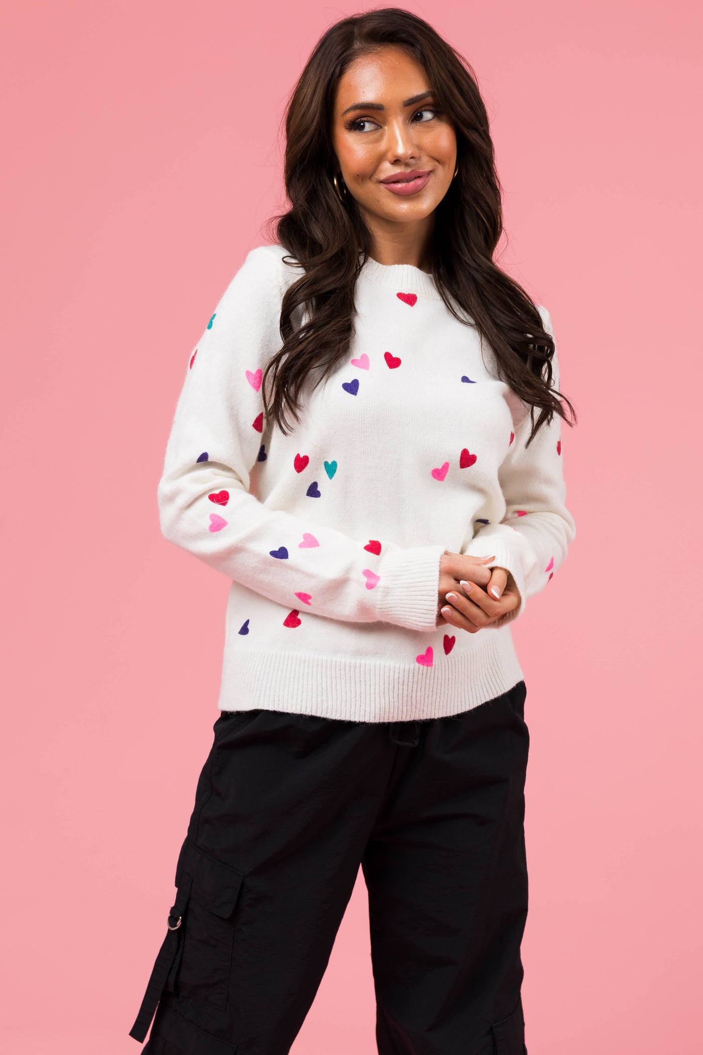 Ivory Small Hearts Pattern Long Sleeve Sweater