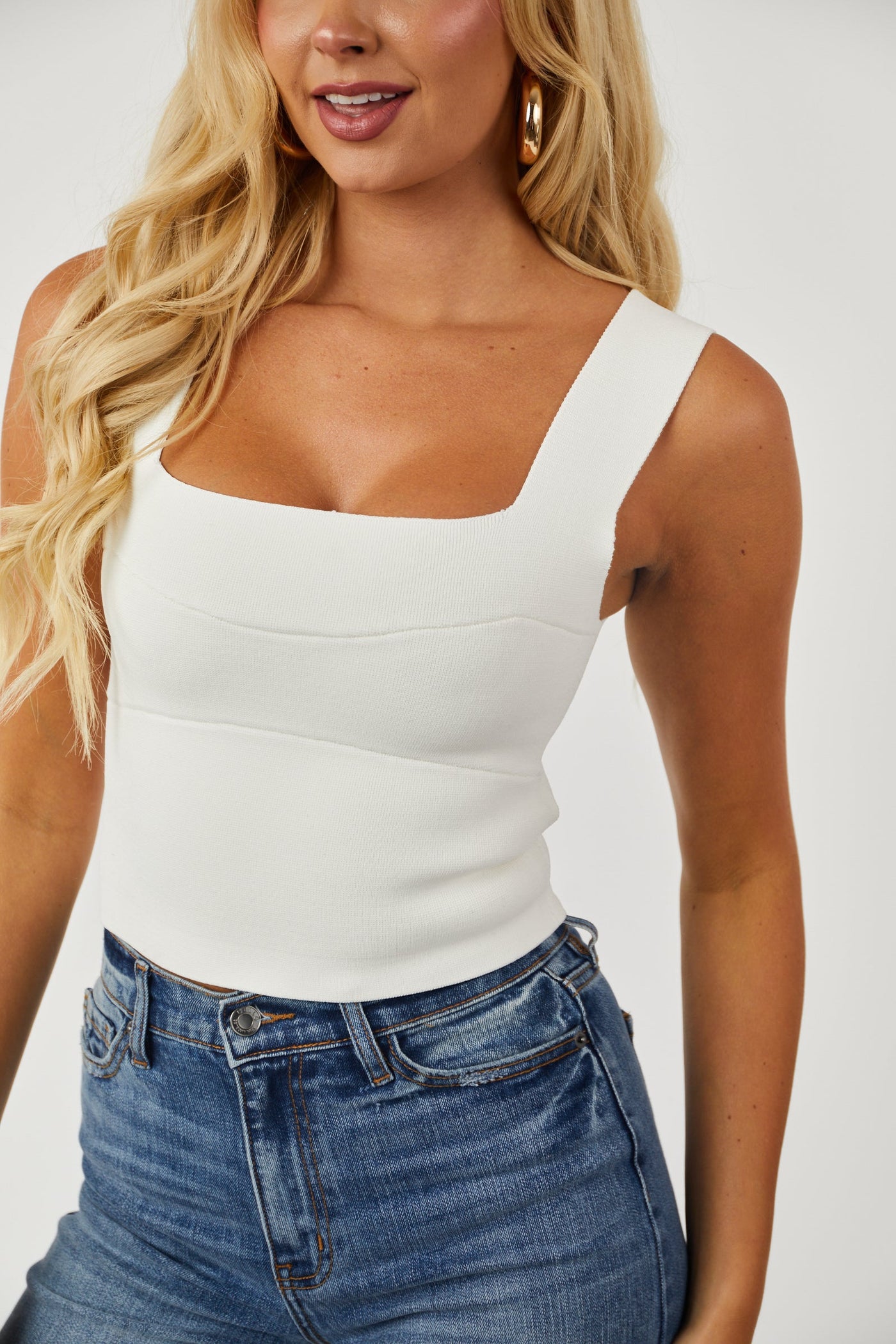 Ivory Square Neck Thick Knit Tank Top