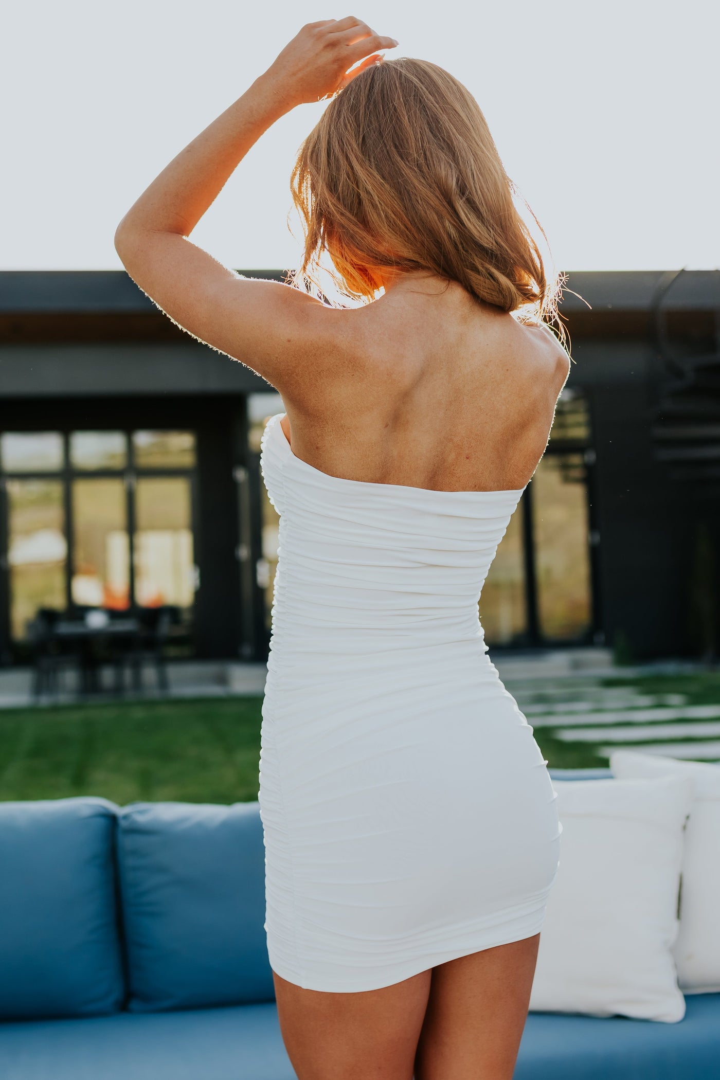 Ivory Strapless Ruched Cut Out Bodycon Mini Dress