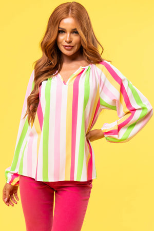 Ivory Striped Long Sleeve V Neck Top