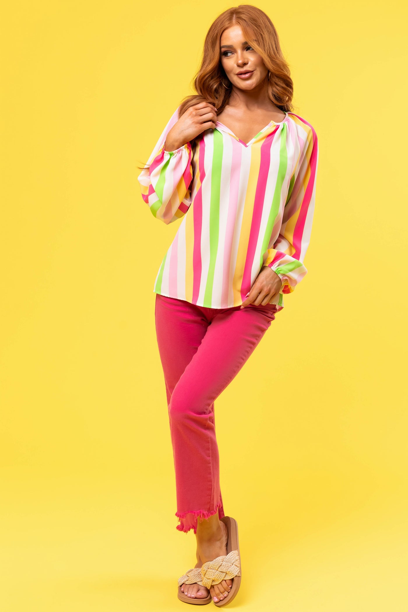 Ivory Striped Long Sleeve V Neck Top