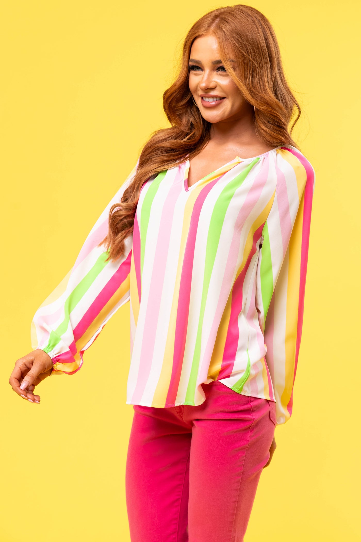 Ivory Striped Long Sleeve V Neck Top