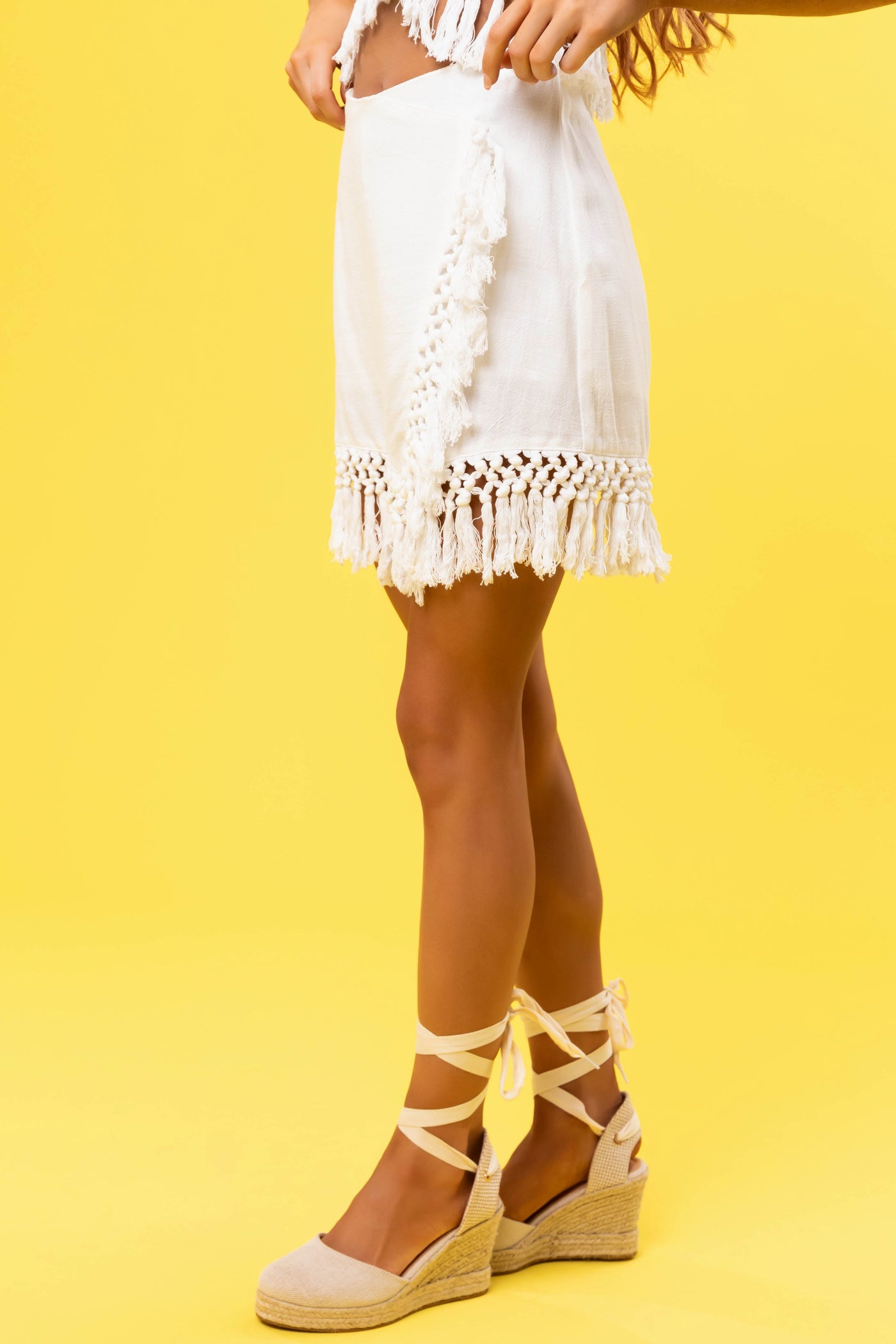 Ivory Tassel Trim Mini Wrap Skort