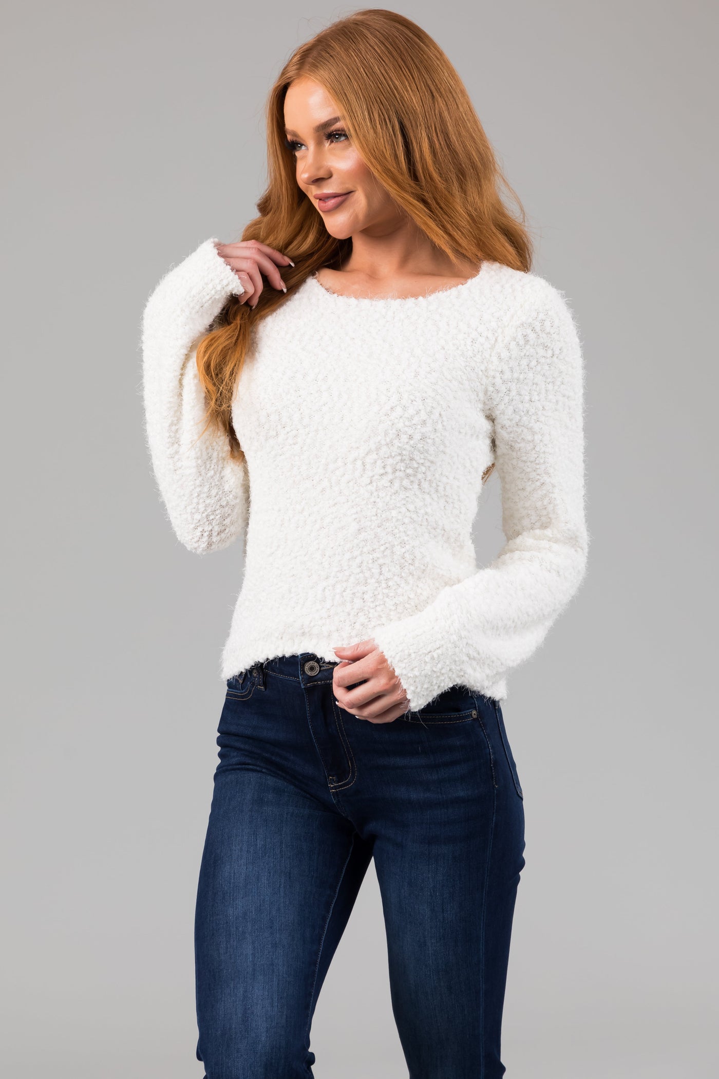 Ivory Textured Balloon Sleeve Sweater
