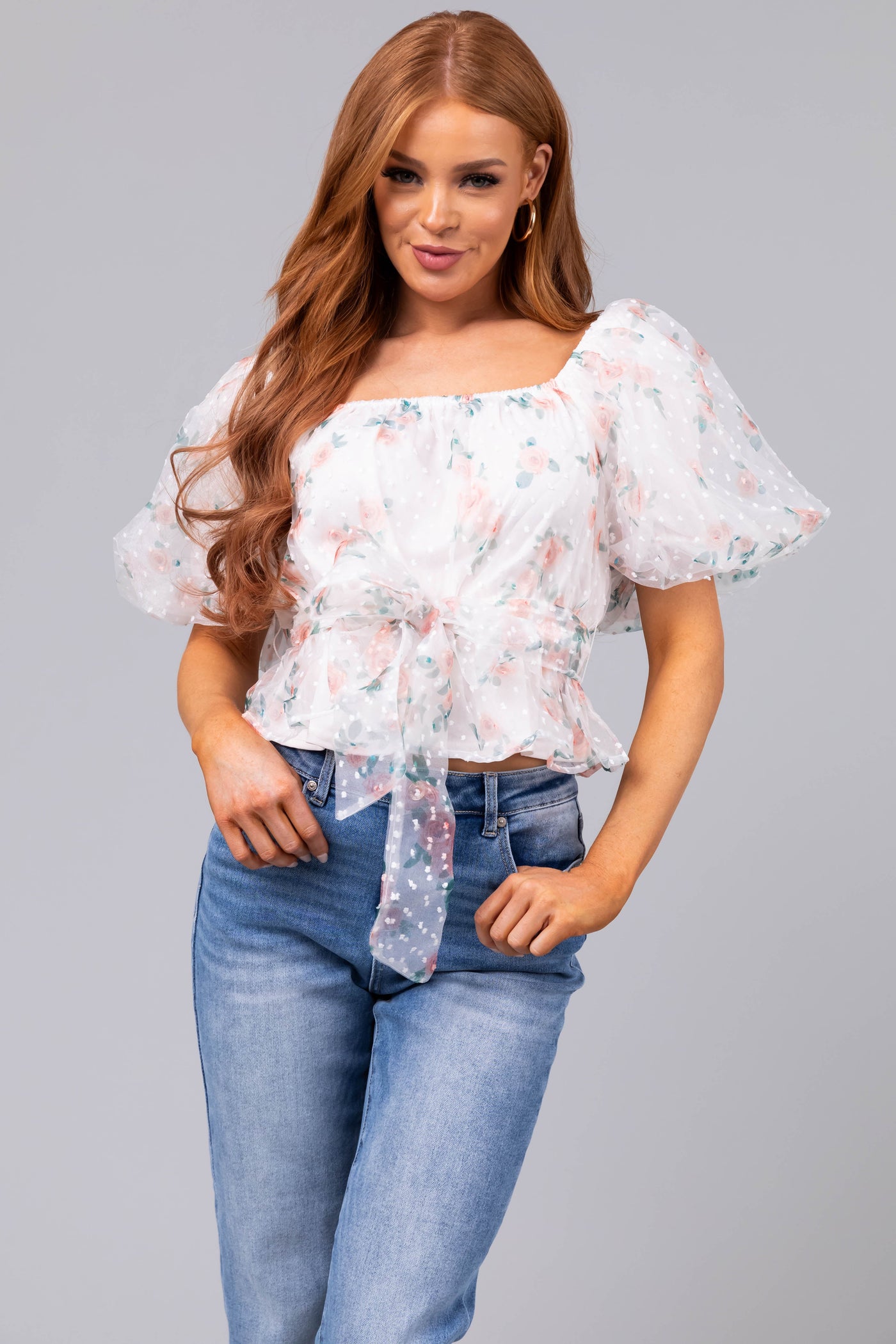 Ivory Tulle Floral Print Puff Sleeve Top