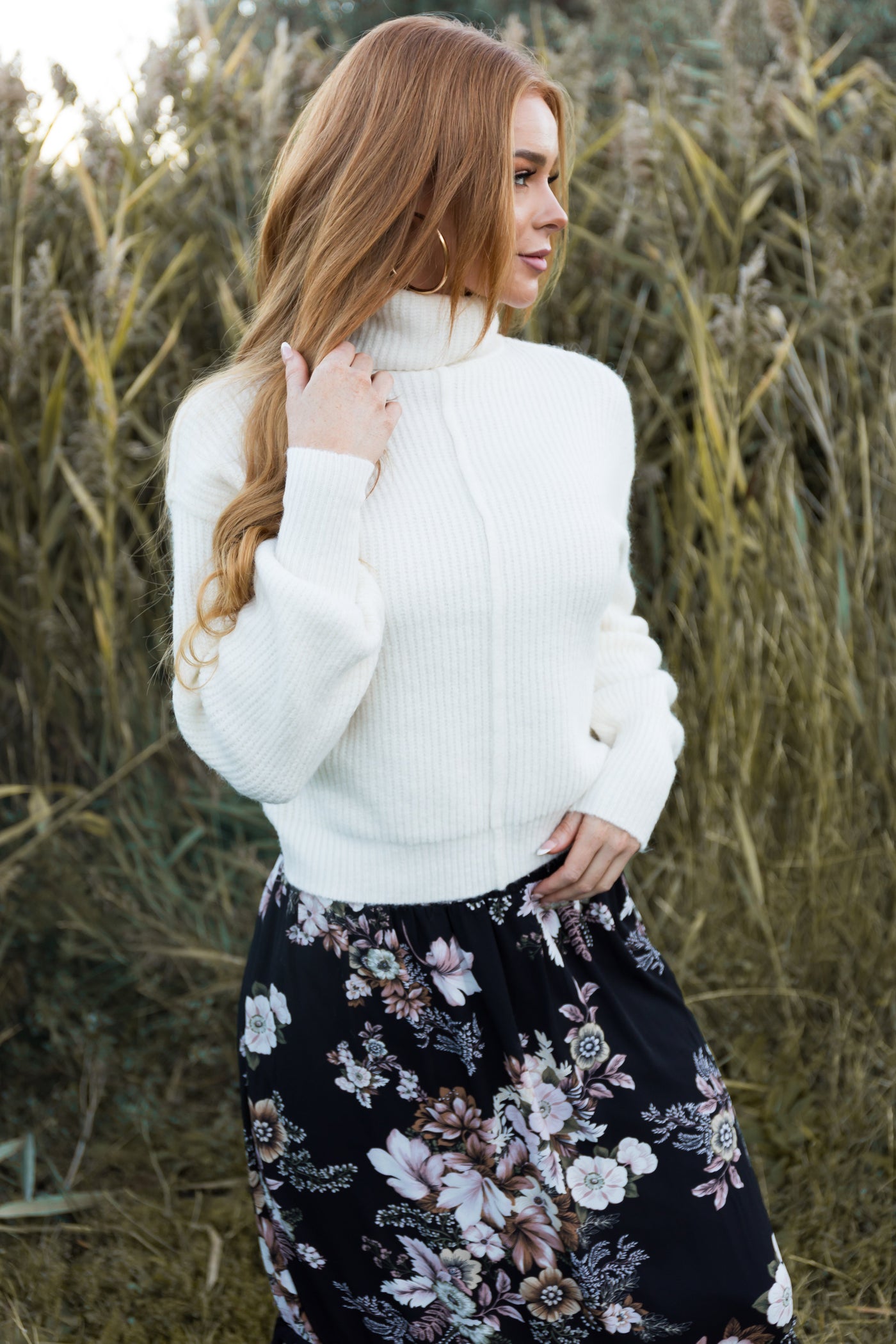 Ivory Turtleneck Bubble Sleeve Sweater
