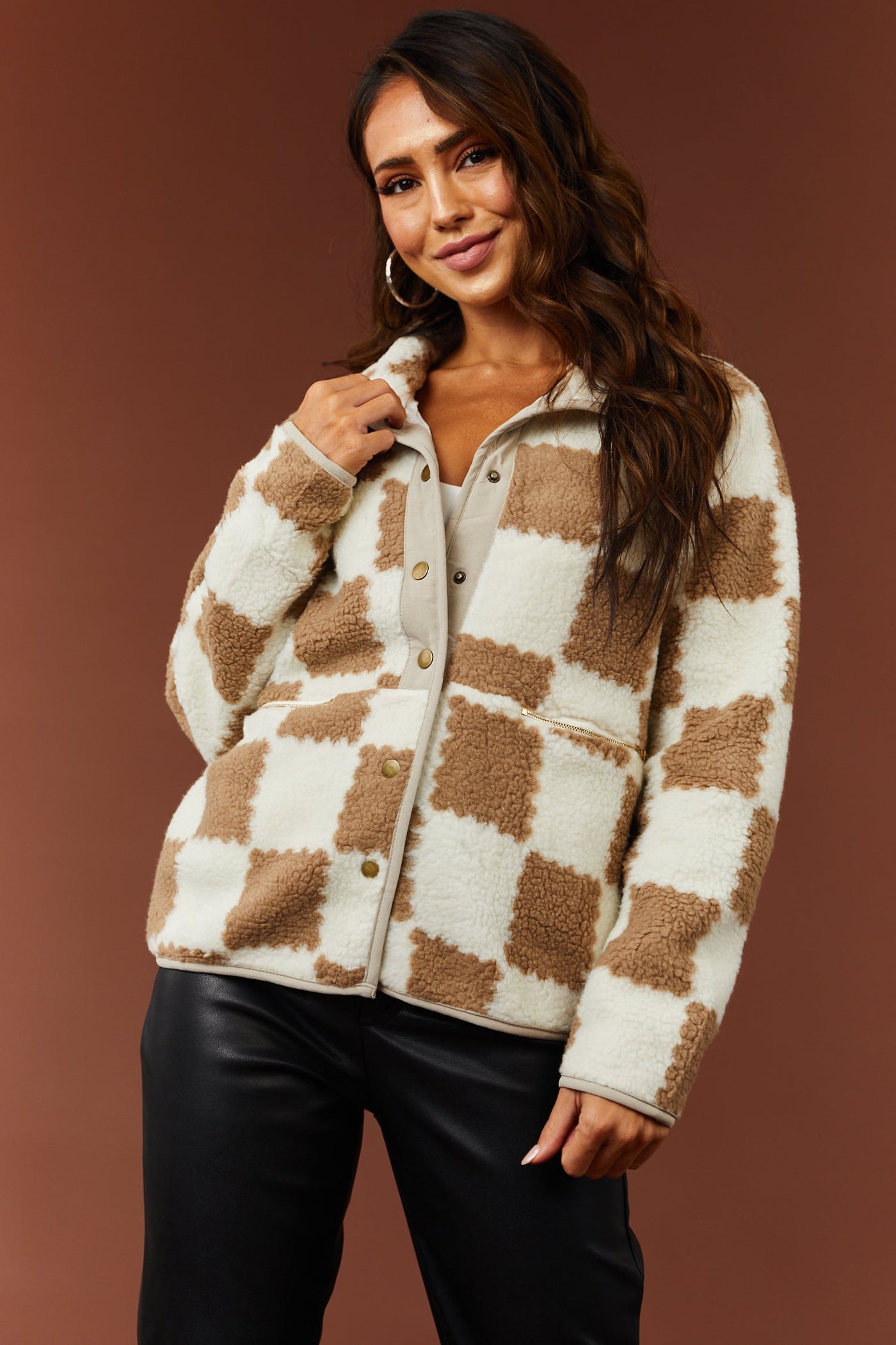 Ivory and Coffee Checkered Sherpa Jacket