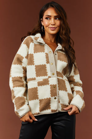 Ivory and Coffee Checkered Sherpa Jacket