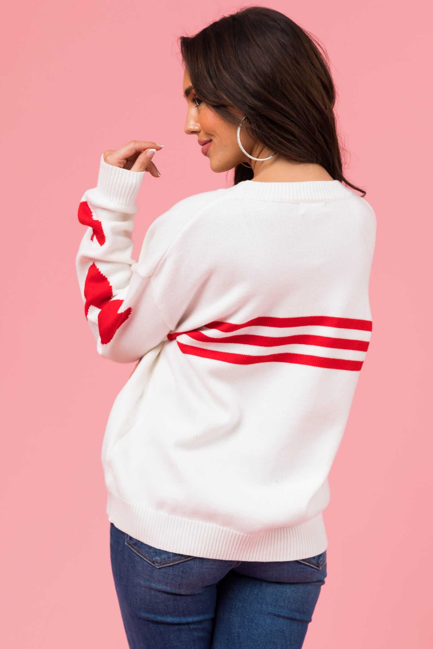 Ivory and Lipstick Heart Sleeve Striped Sweater