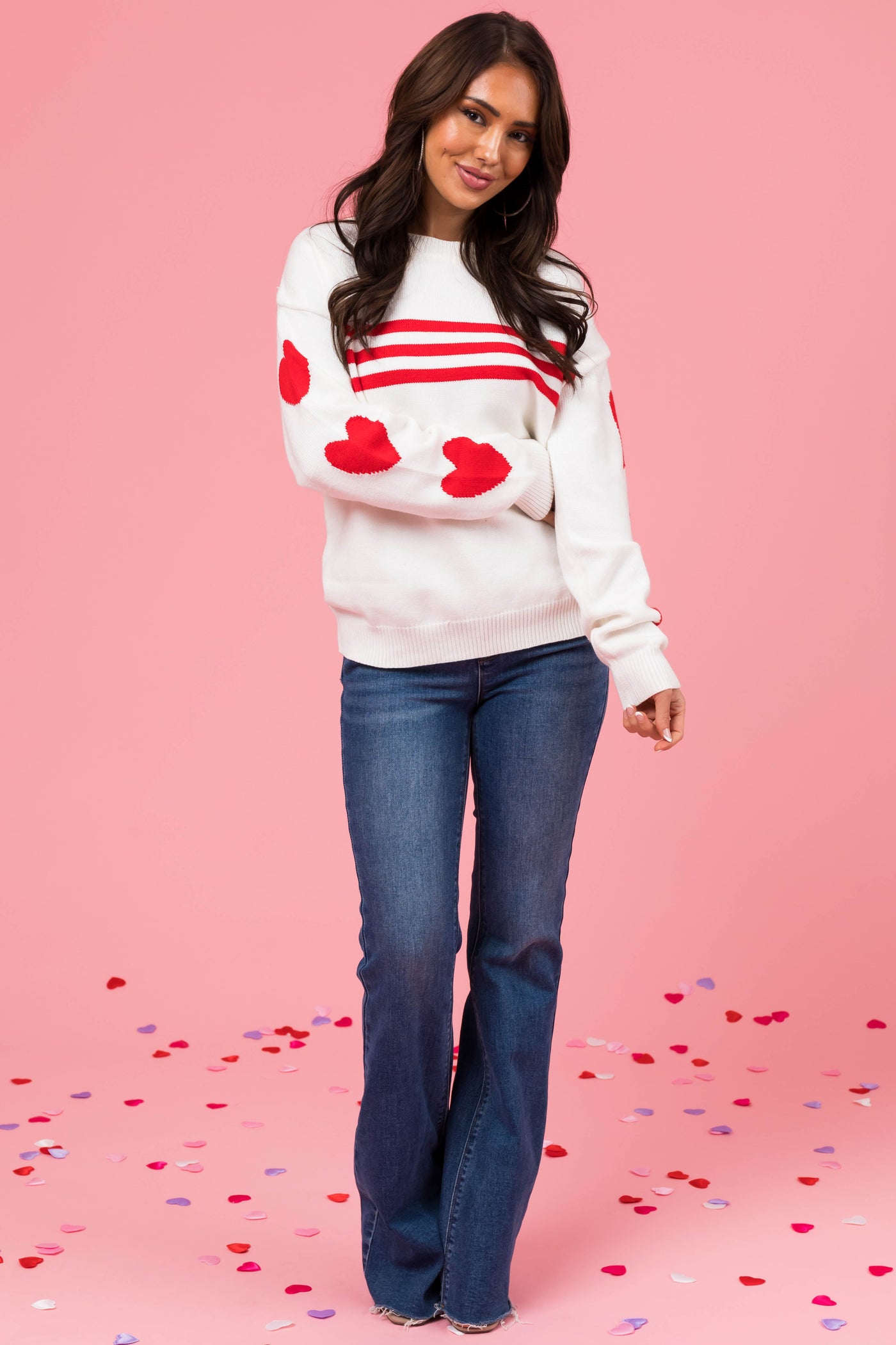 Ivory and Lipstick Heart Sleeve Striped Sweater