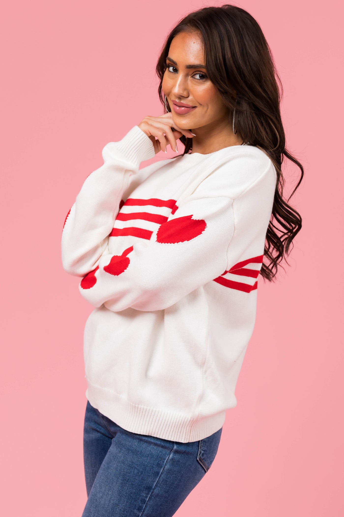 Ivory and Lipstick Heart Sleeve Striped Sweater
