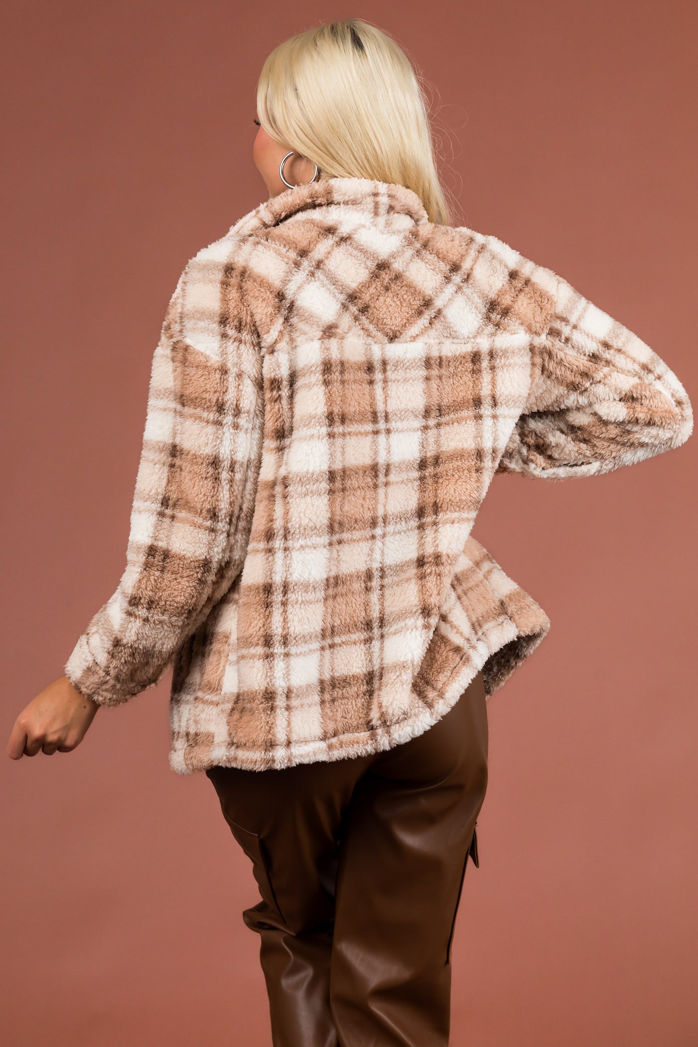 Ivory and Nude Sherpa Plaid Button Up Jacket