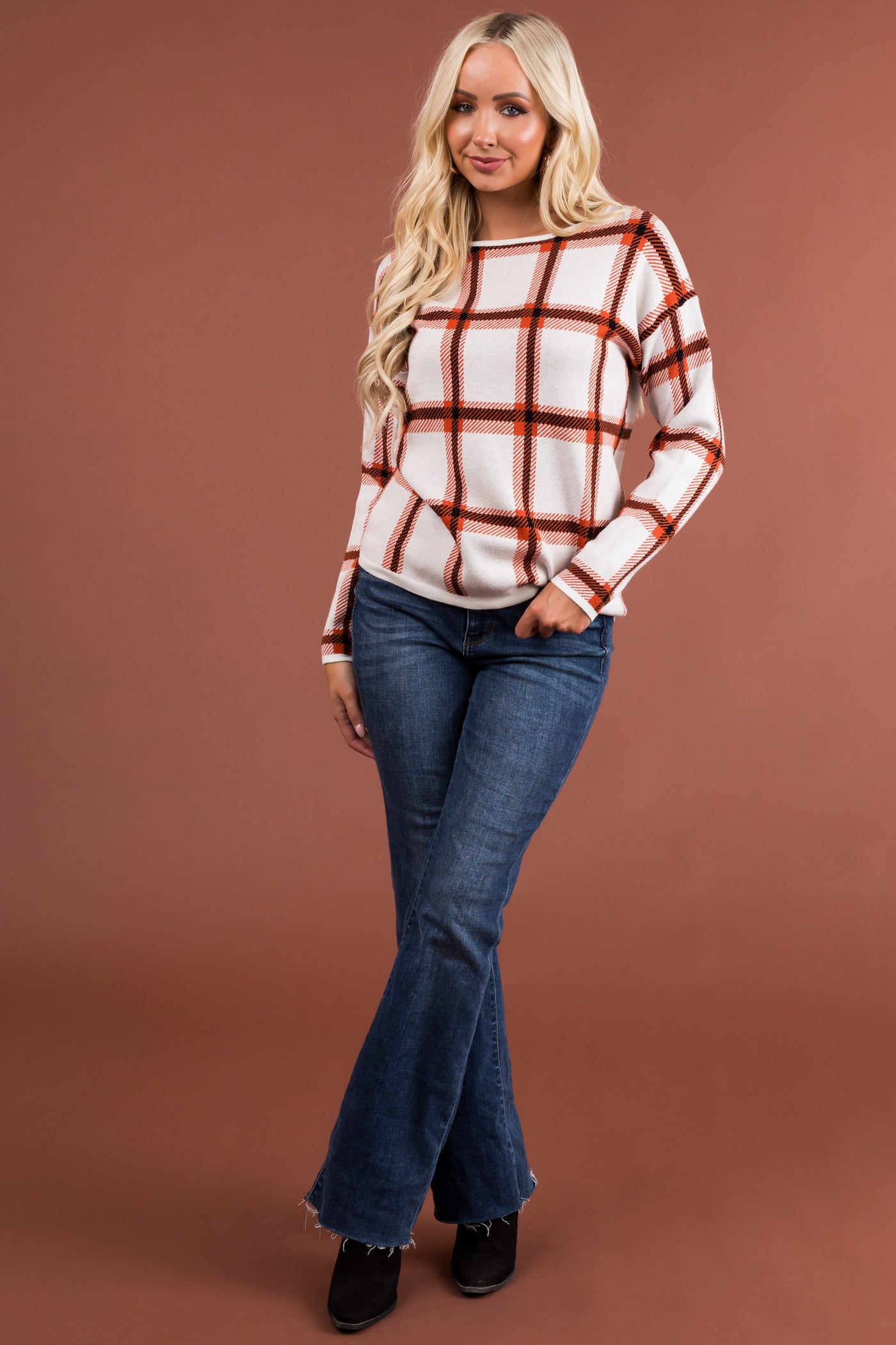 Ivory and Pumpkin Checkered Long Sleeve Sweater