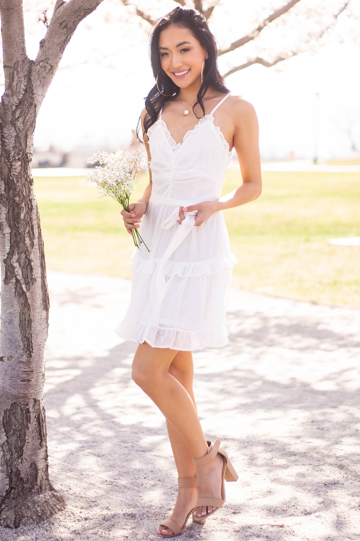 Ivory Sleeveless Waist Tie Ruffled Cami Dress