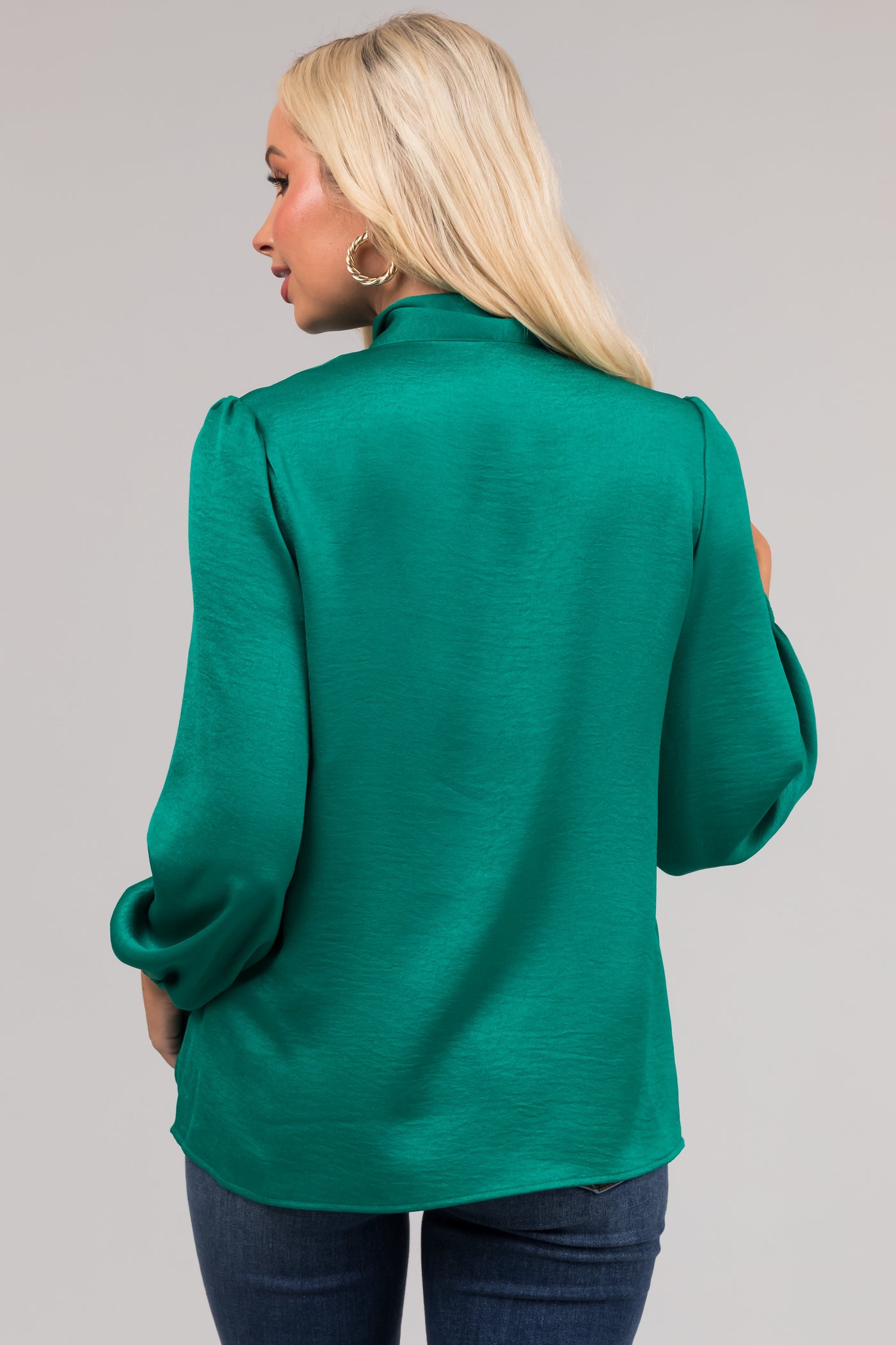 Jade Bow Tie Neck Long Sleeve Satin Blouse