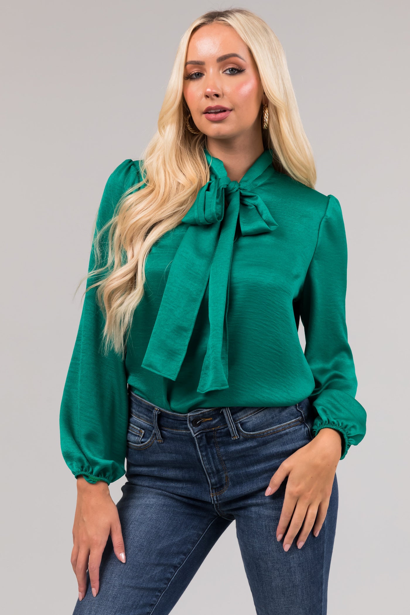 Jade Bow Tie Neck Long Sleeve Satin Blouse