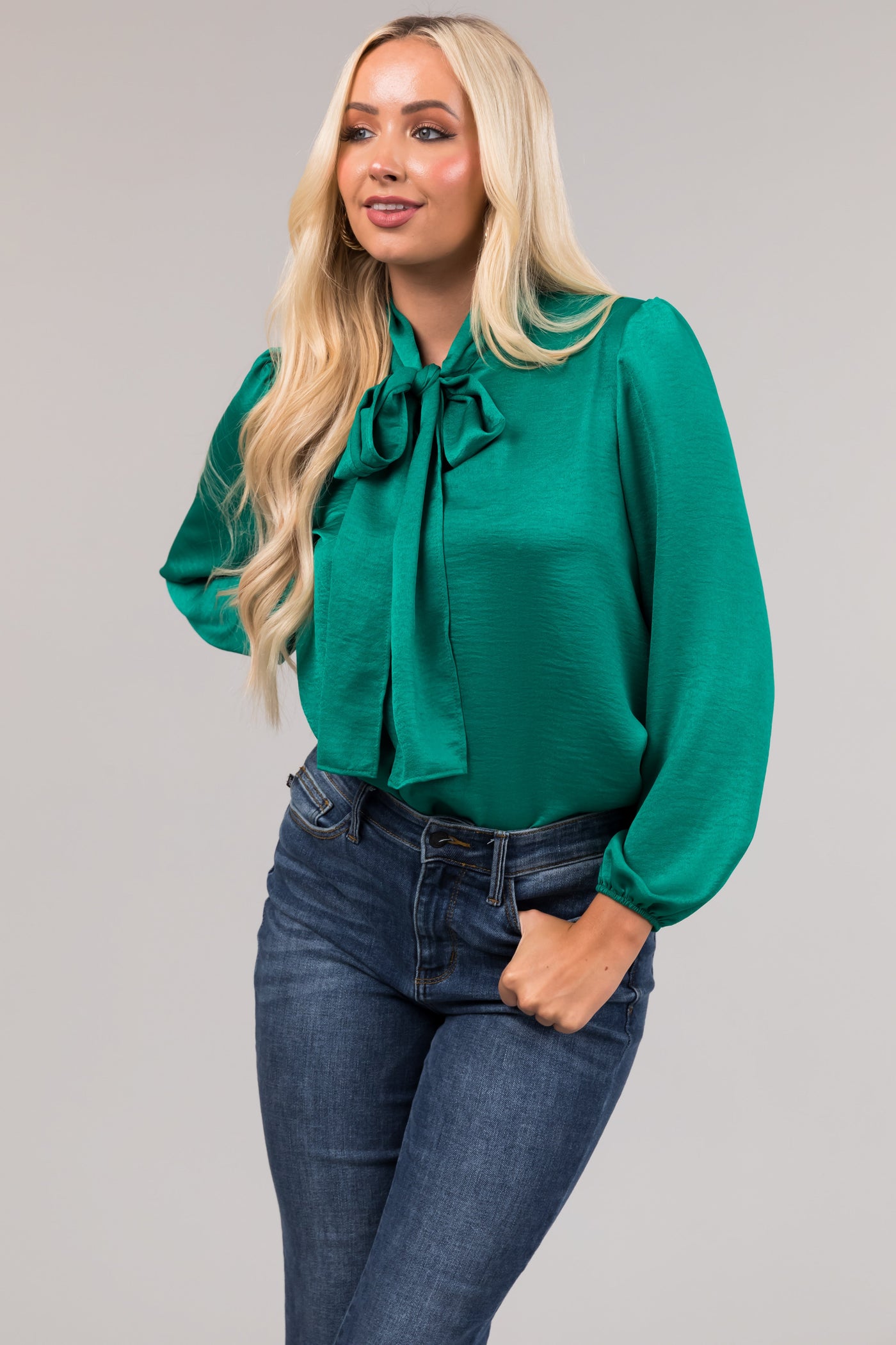 Jade Bow Tie Neck Long Sleeve Satin Blouse