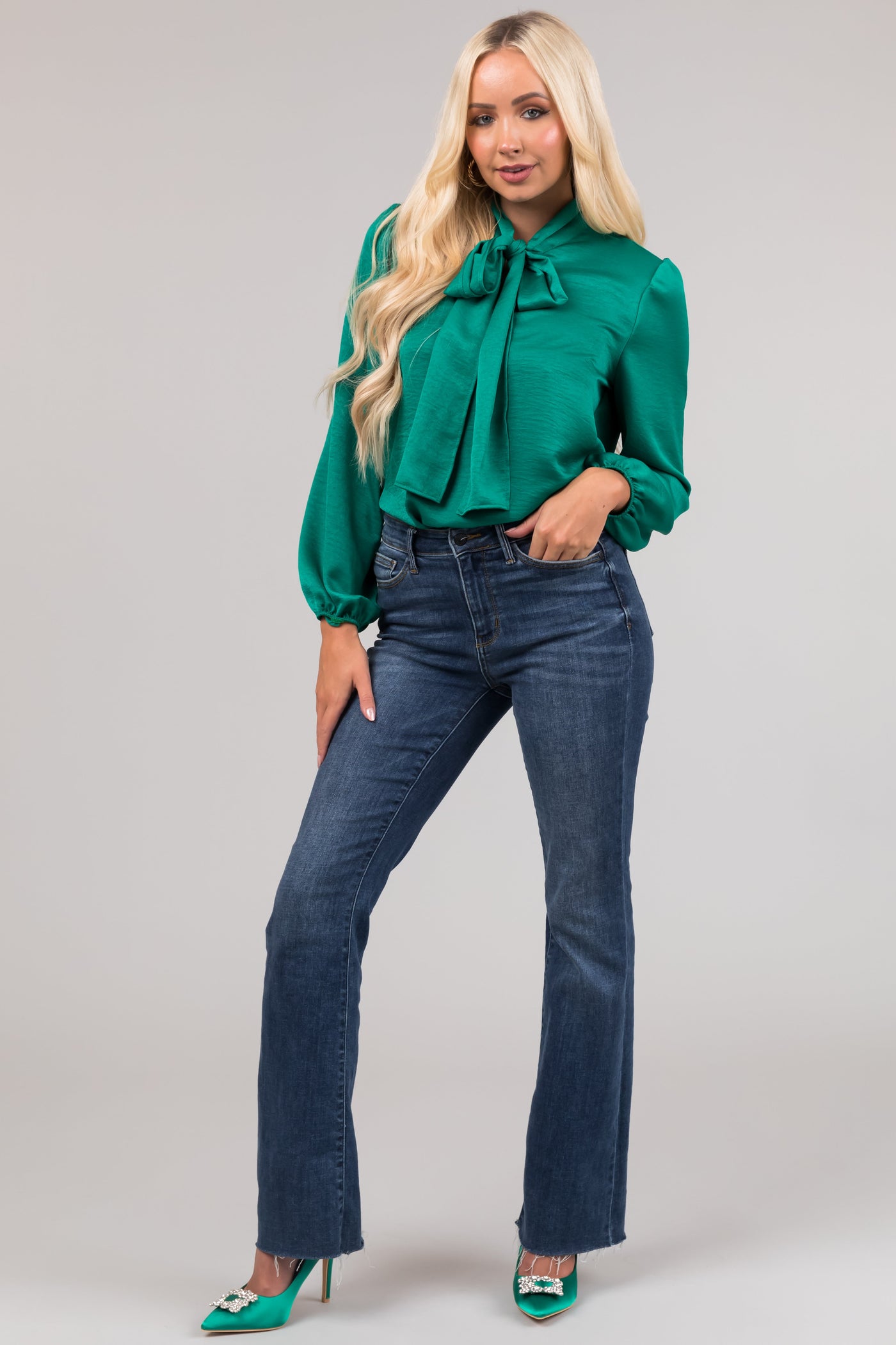 Jade Bow Tie Neck Long Sleeve Satin Blouse