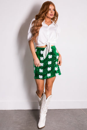 Jade Clover Print Sequined Mini Skirt