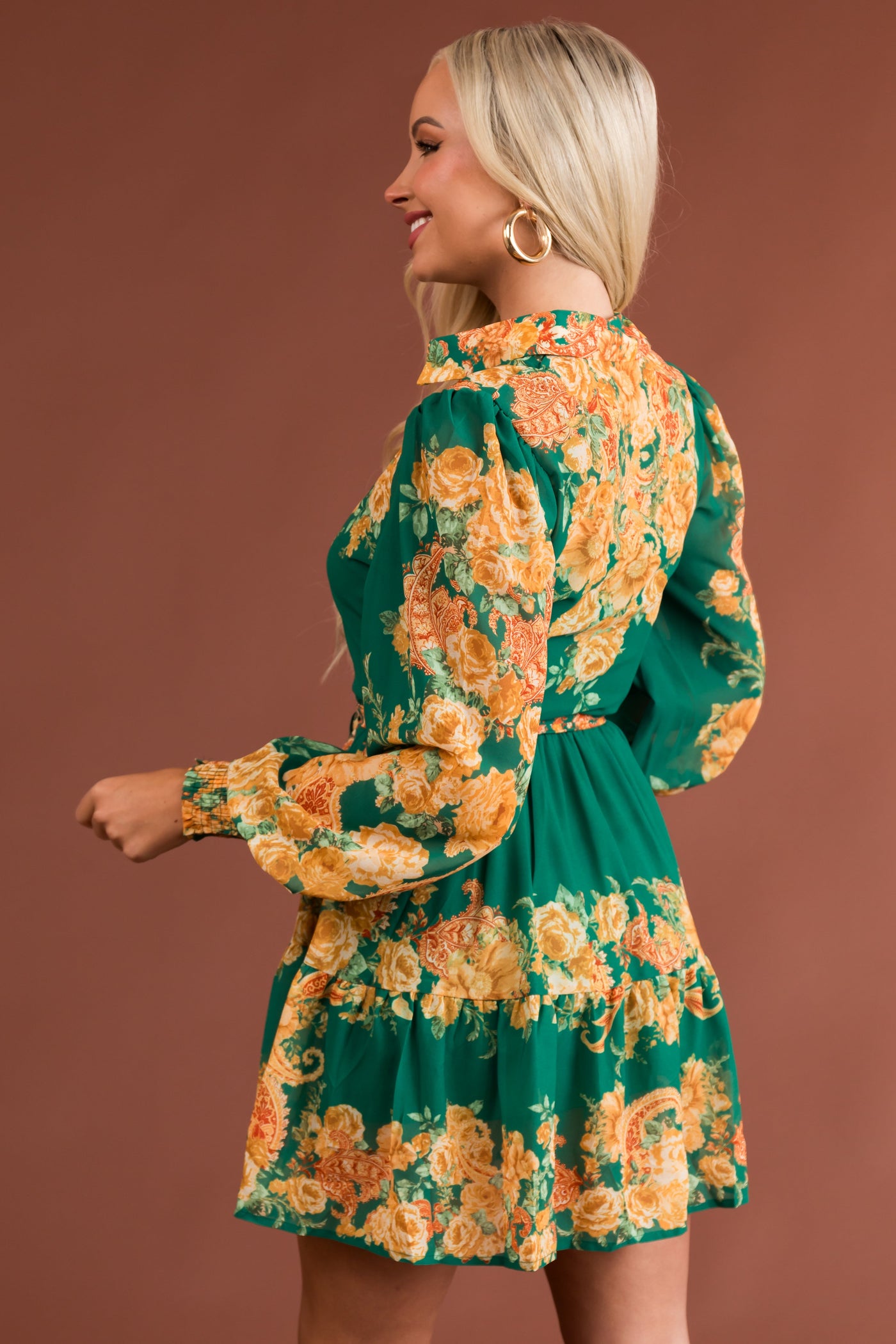 Jade Collared Button Down Waist Tie Floral Dress