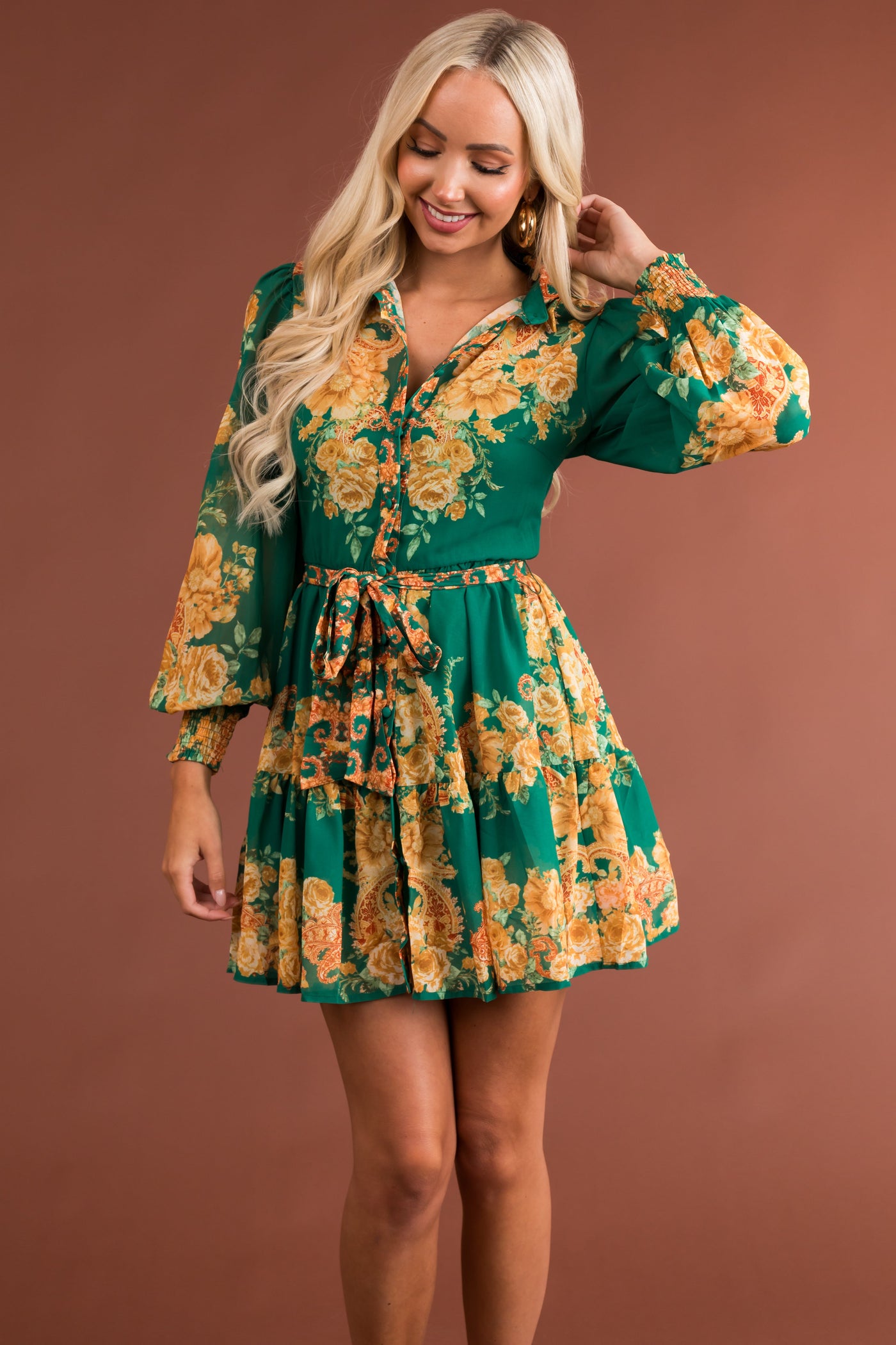 Jade Collared Button Down Waist Tie Floral Dress
