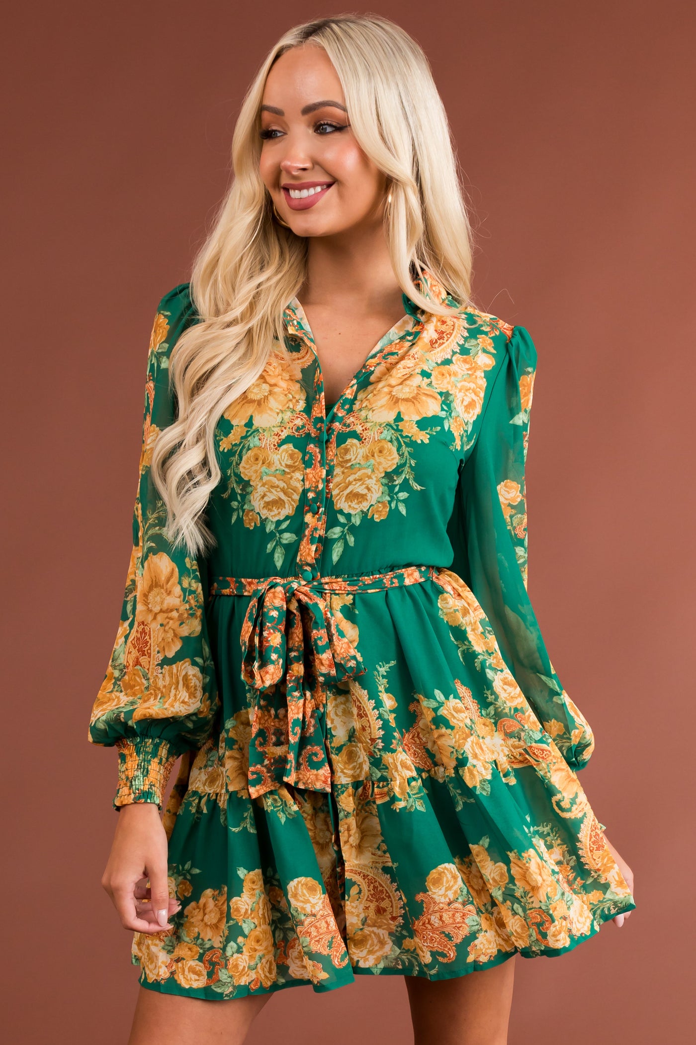 Jade Collared Button Down Waist Tie Floral Dress