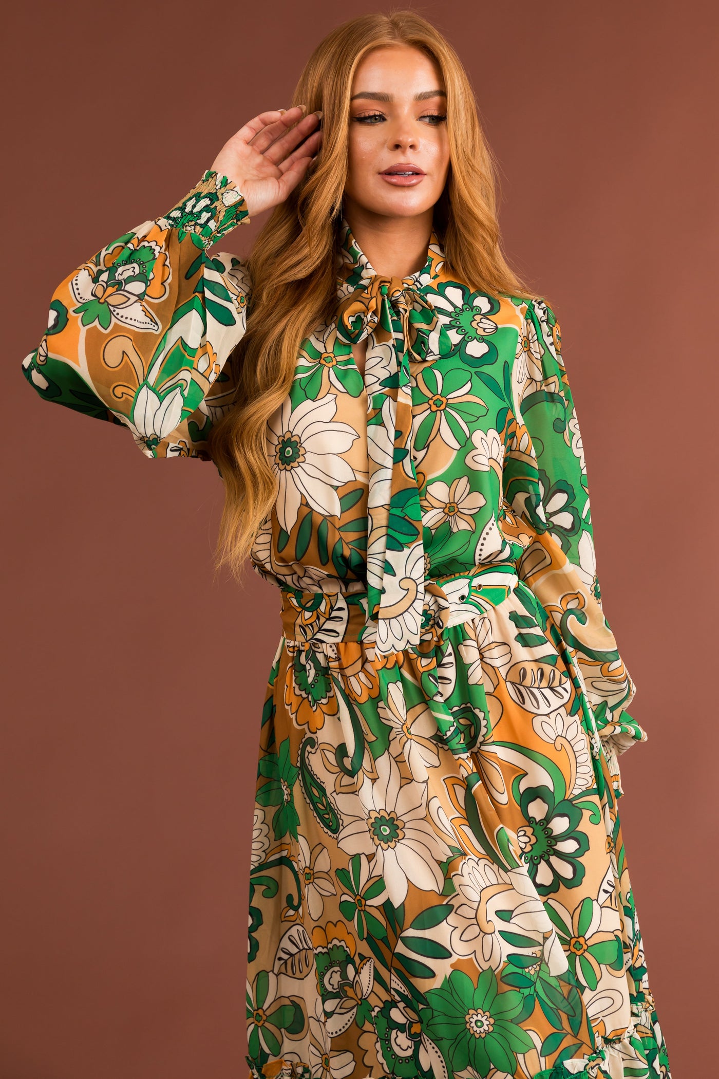 Jade Floral Print Belted Waist Midi Dress