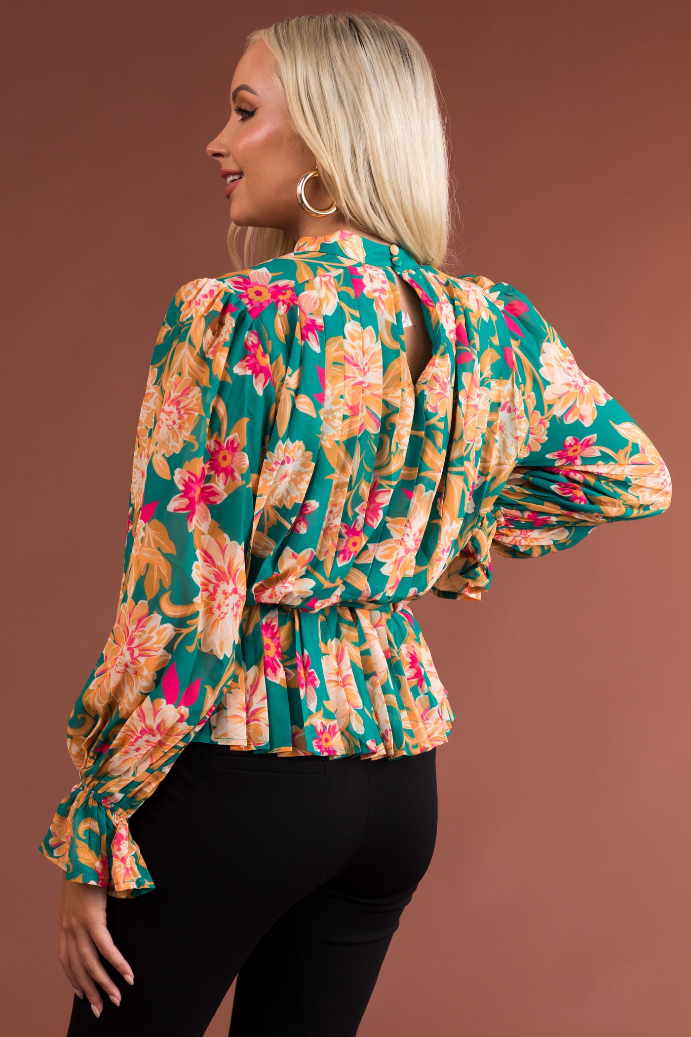 Jade Floral Print Long Sleeve Pleated Blouse