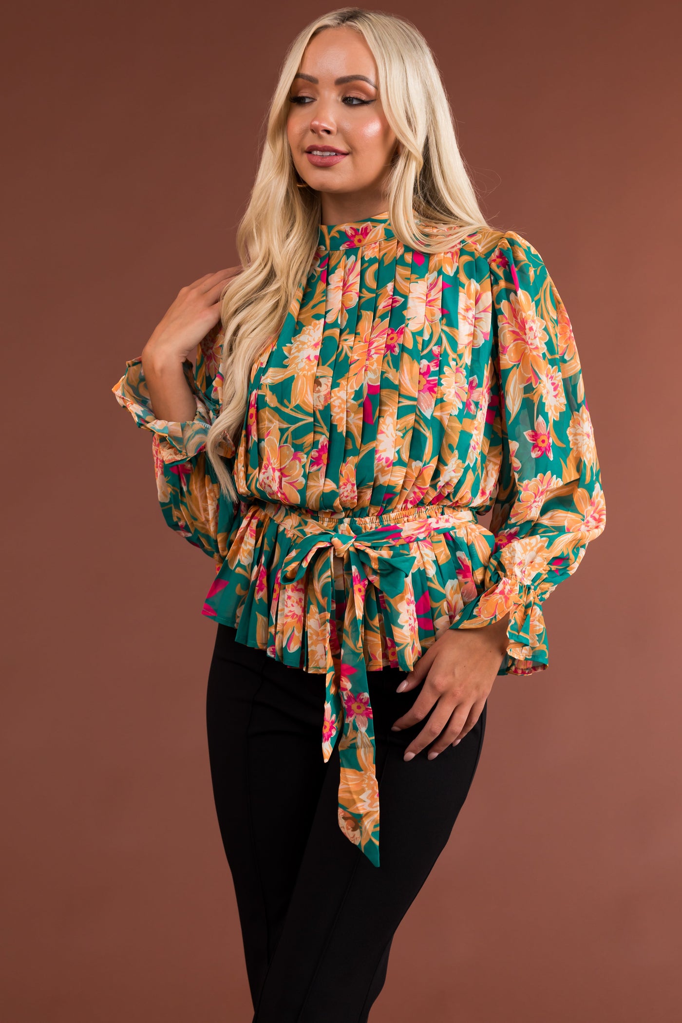 Jade Floral Print Long Sleeve Pleated Blouse