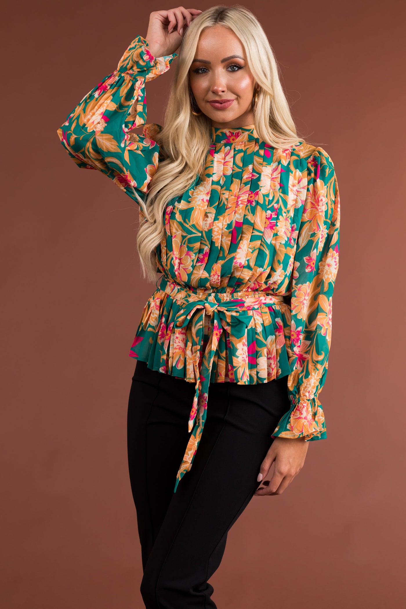 Jade Floral Print Long Sleeve Pleated Blouse