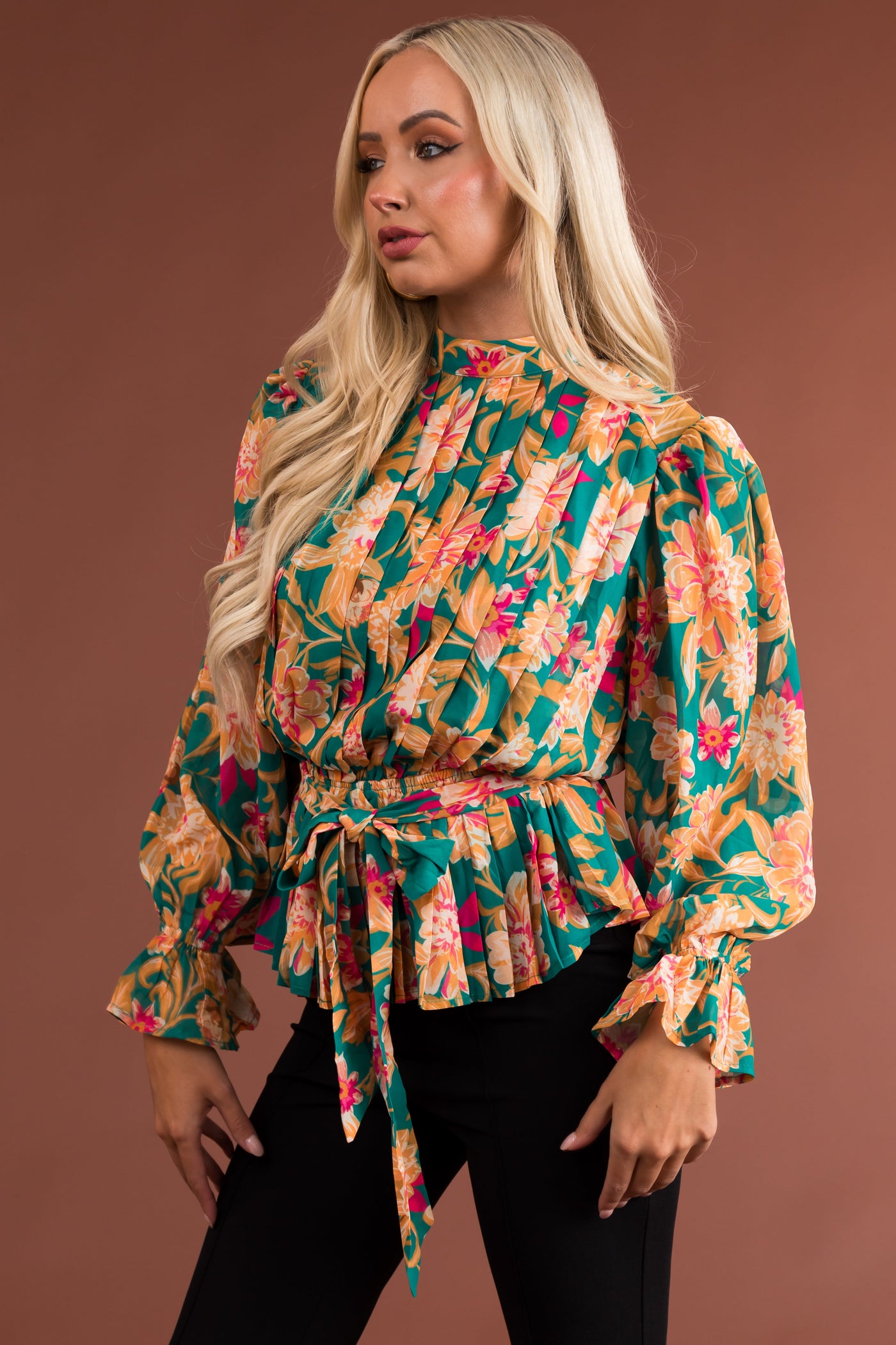 Jade Floral Print Long Sleeve Pleated Blouse