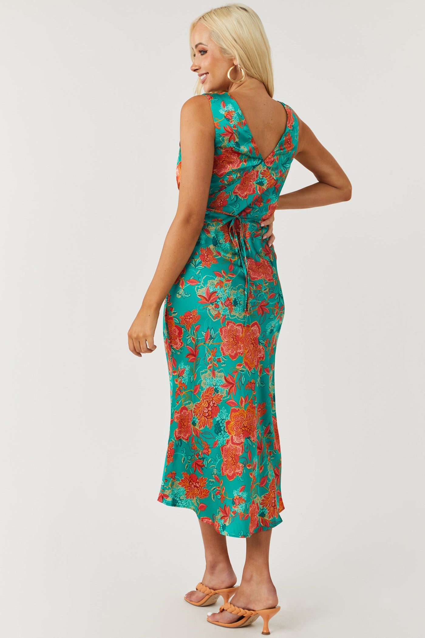 Jade Floral Sleeveless V Neck Satin Midi Dress
