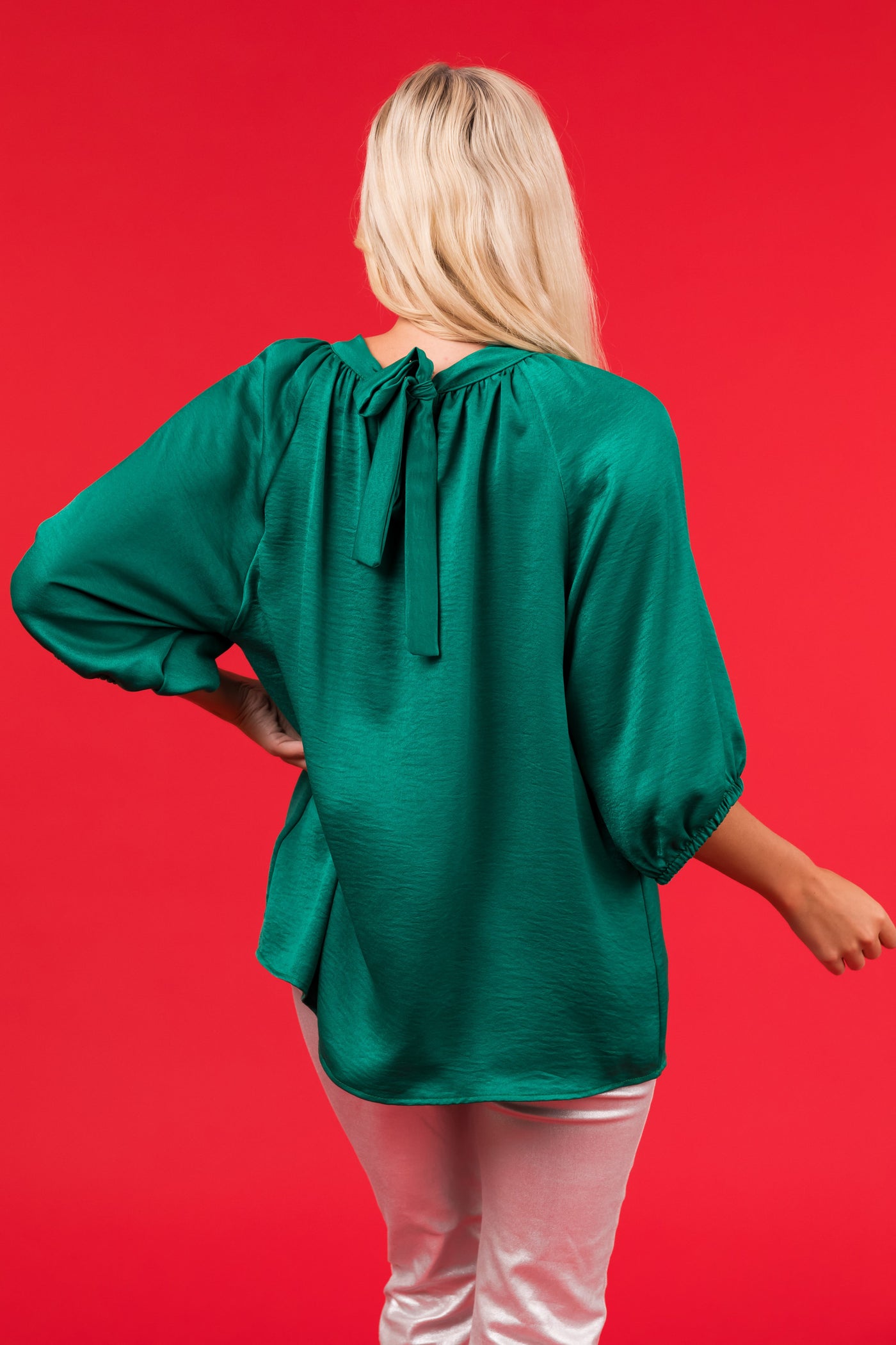 Jade Satin Back Tie Half Sleeve Blouse