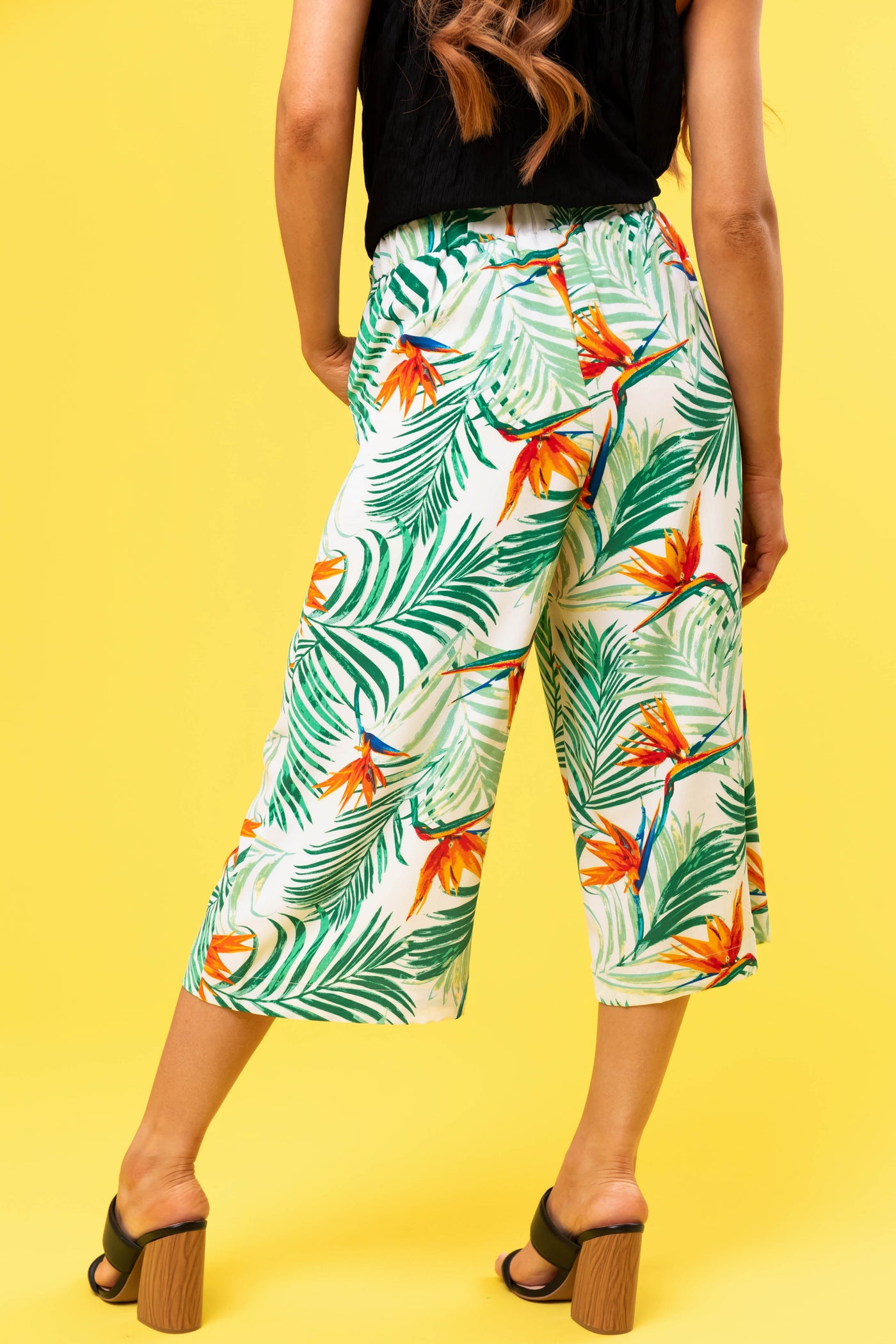 Jade Tropical Print Cropped Wide Leg Pants