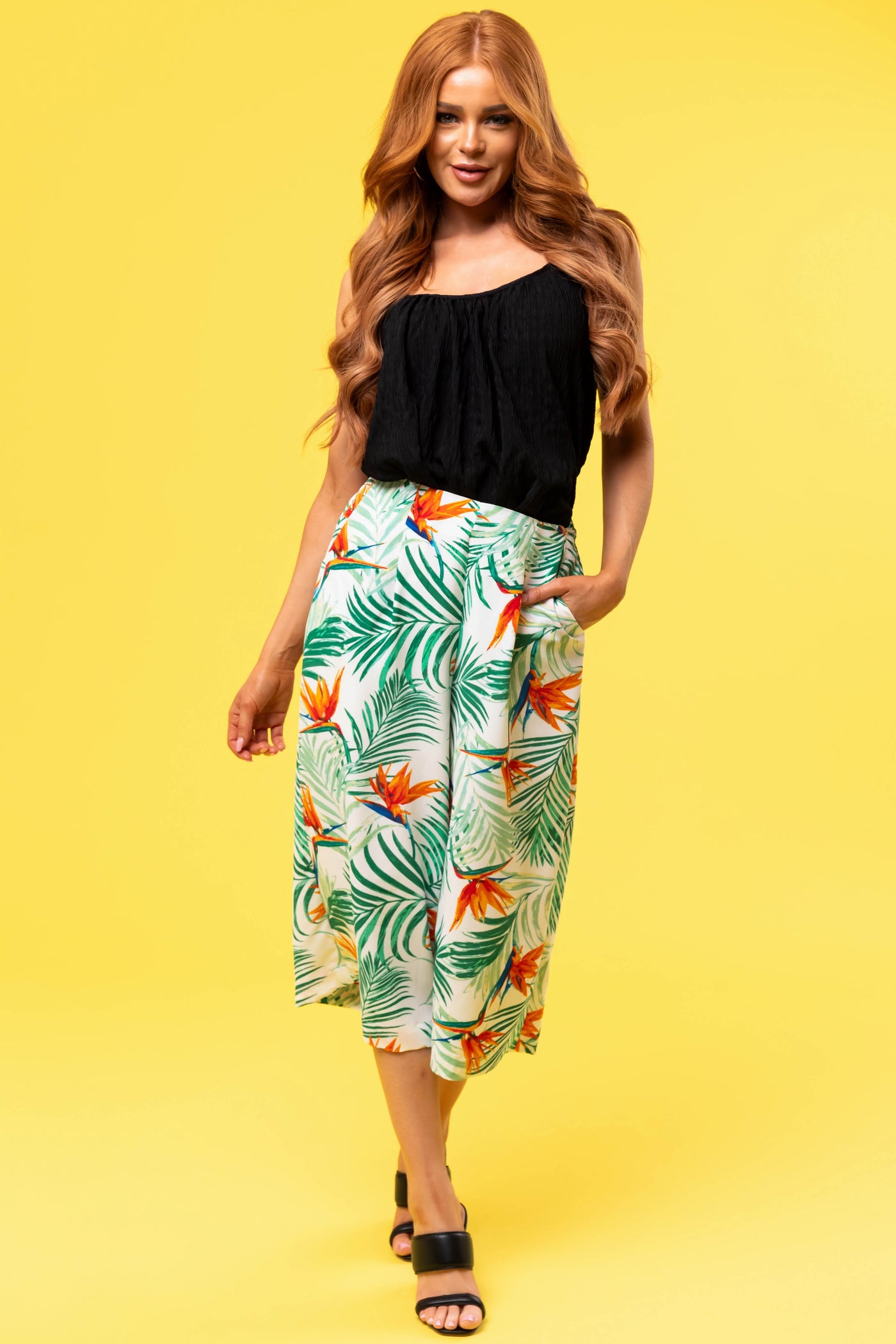 Jade Tropical Print Cropped Wide Leg Pants