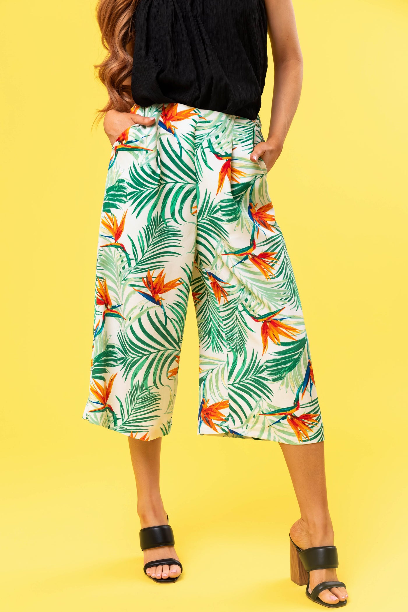 Jade Tropical Print Cropped Wide Leg Pants