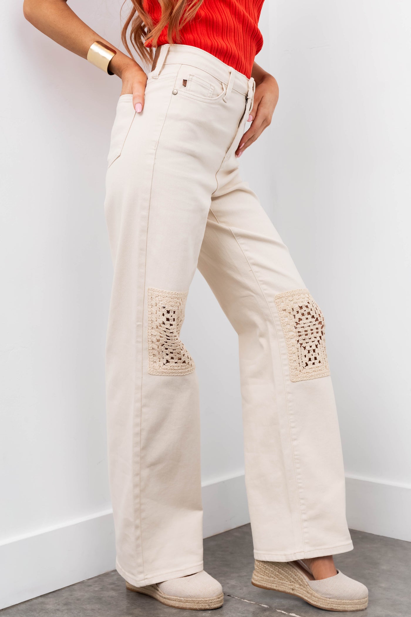 Judy Blue Cream High Rise Crochet Patch Jeans