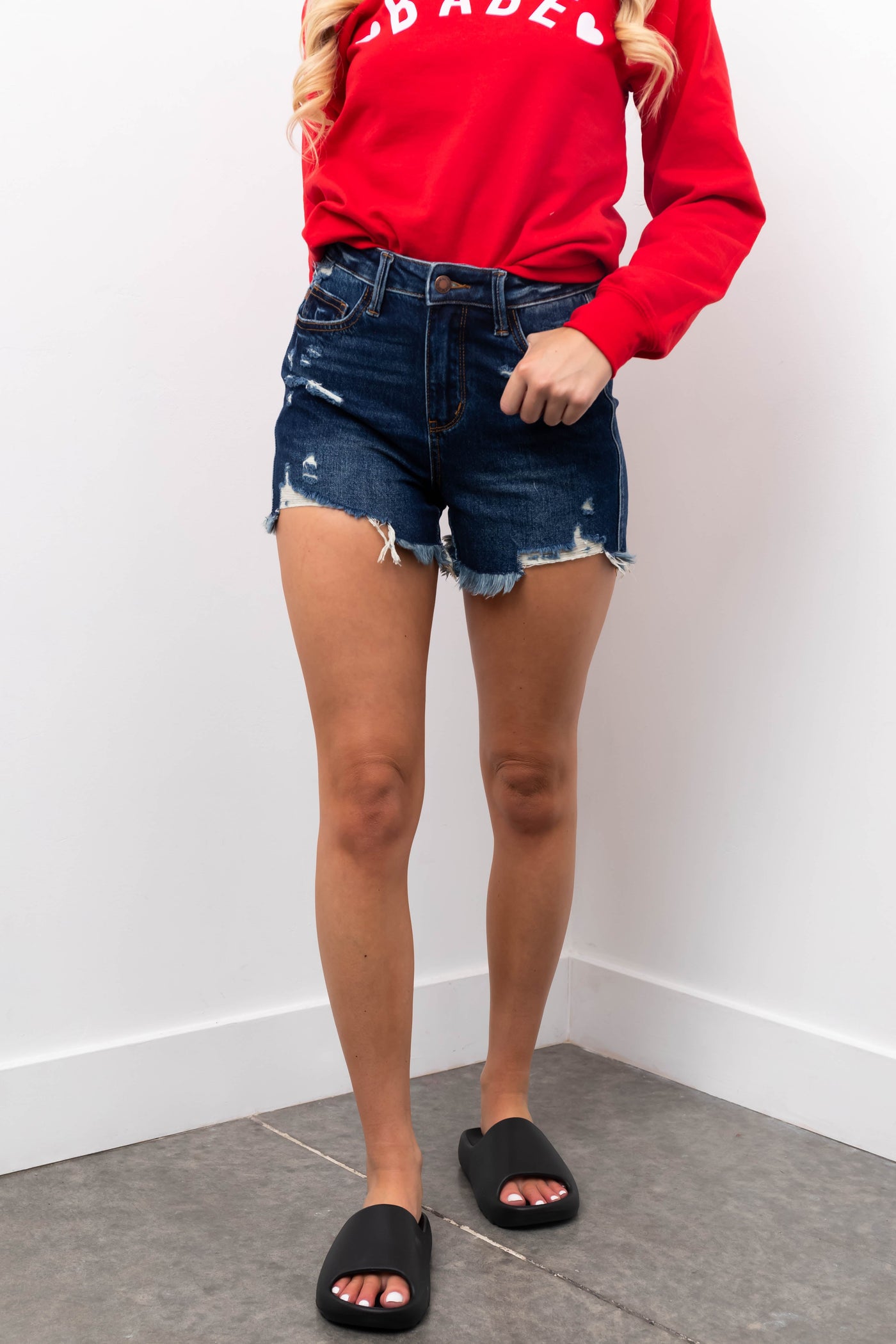 Judy Blue Dark High Rise Distressed Frayed Shorts