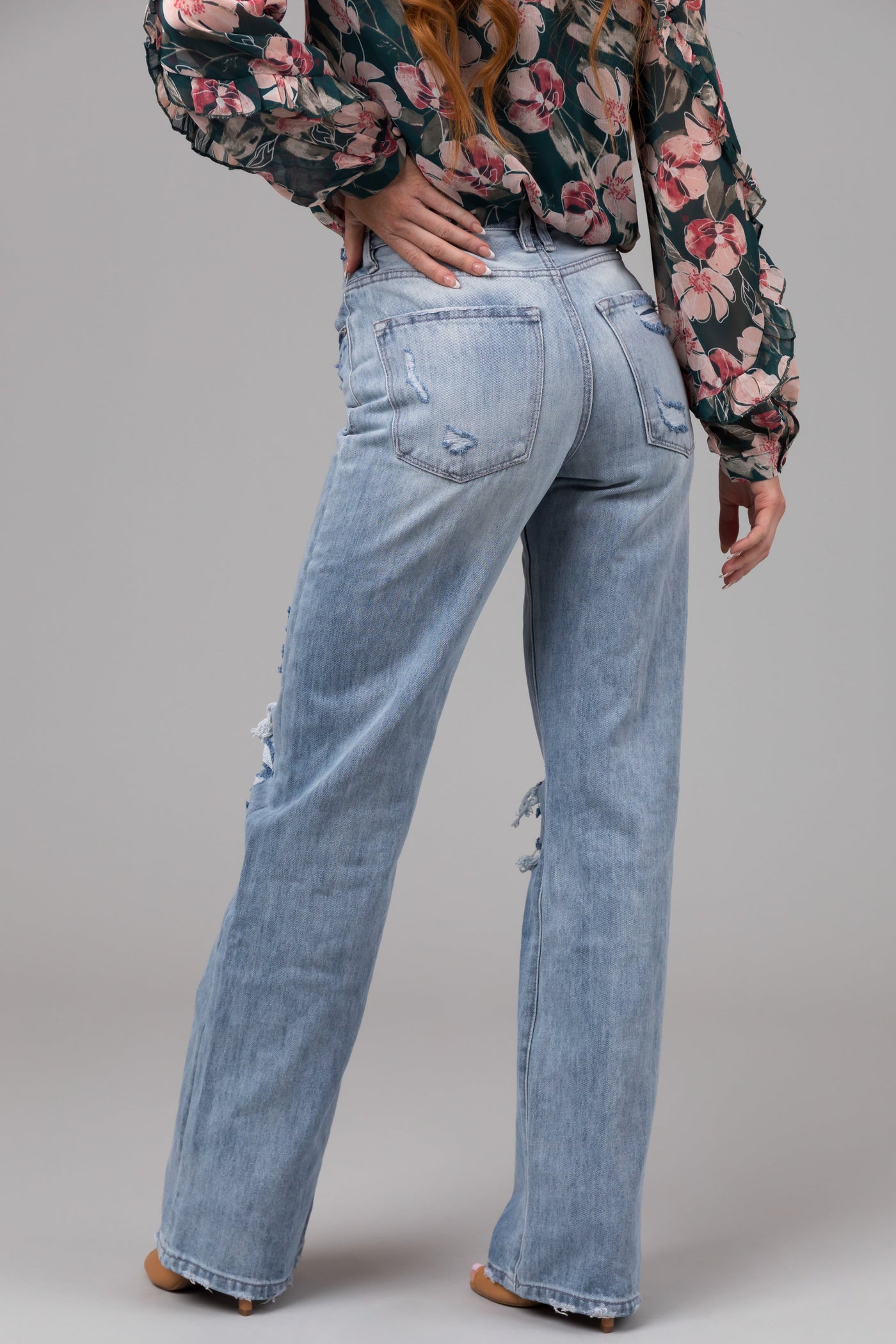 KanCan Light Wash Distressed Button Fly Wide Leg Jeans