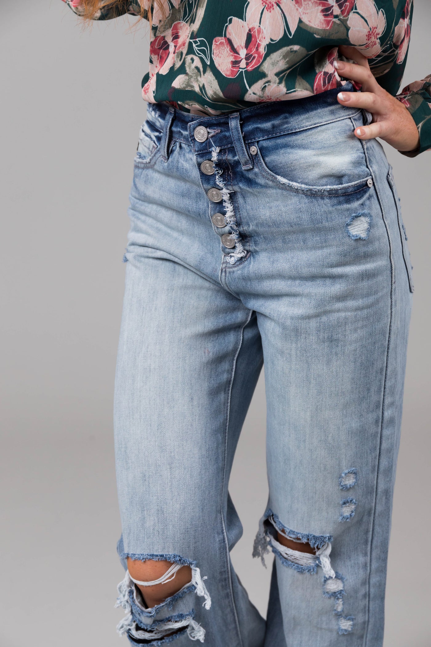 KanCan Light Wash Distressed Button Fly Wide Leg Jeans