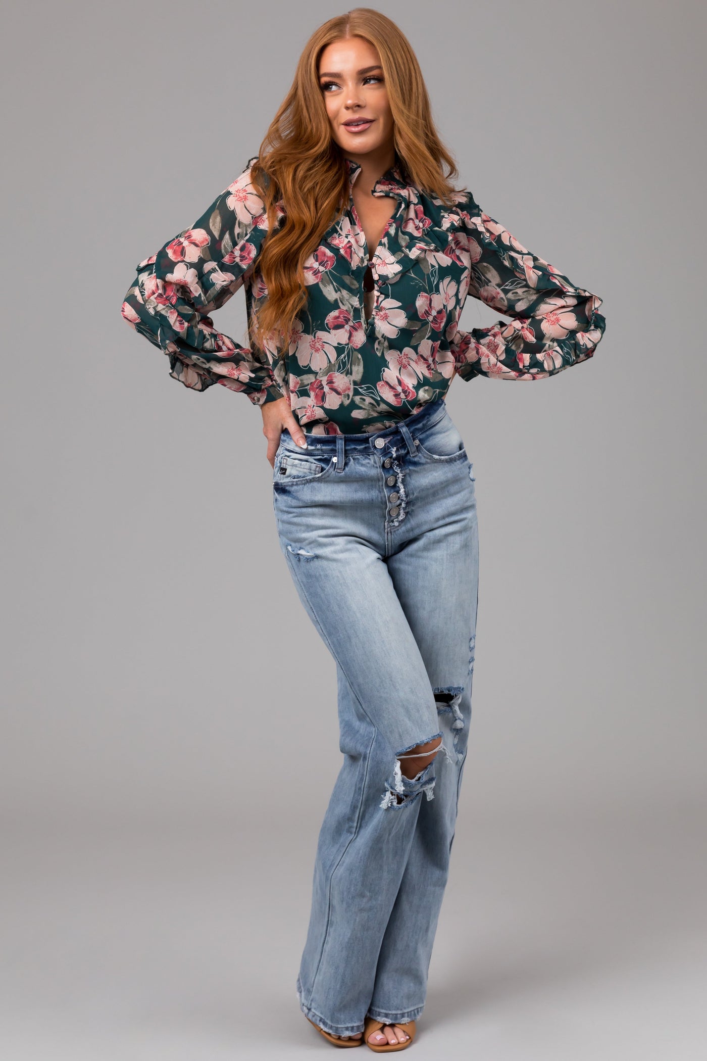 KanCan Light Wash Distressed Button Fly Wide Leg Jeans