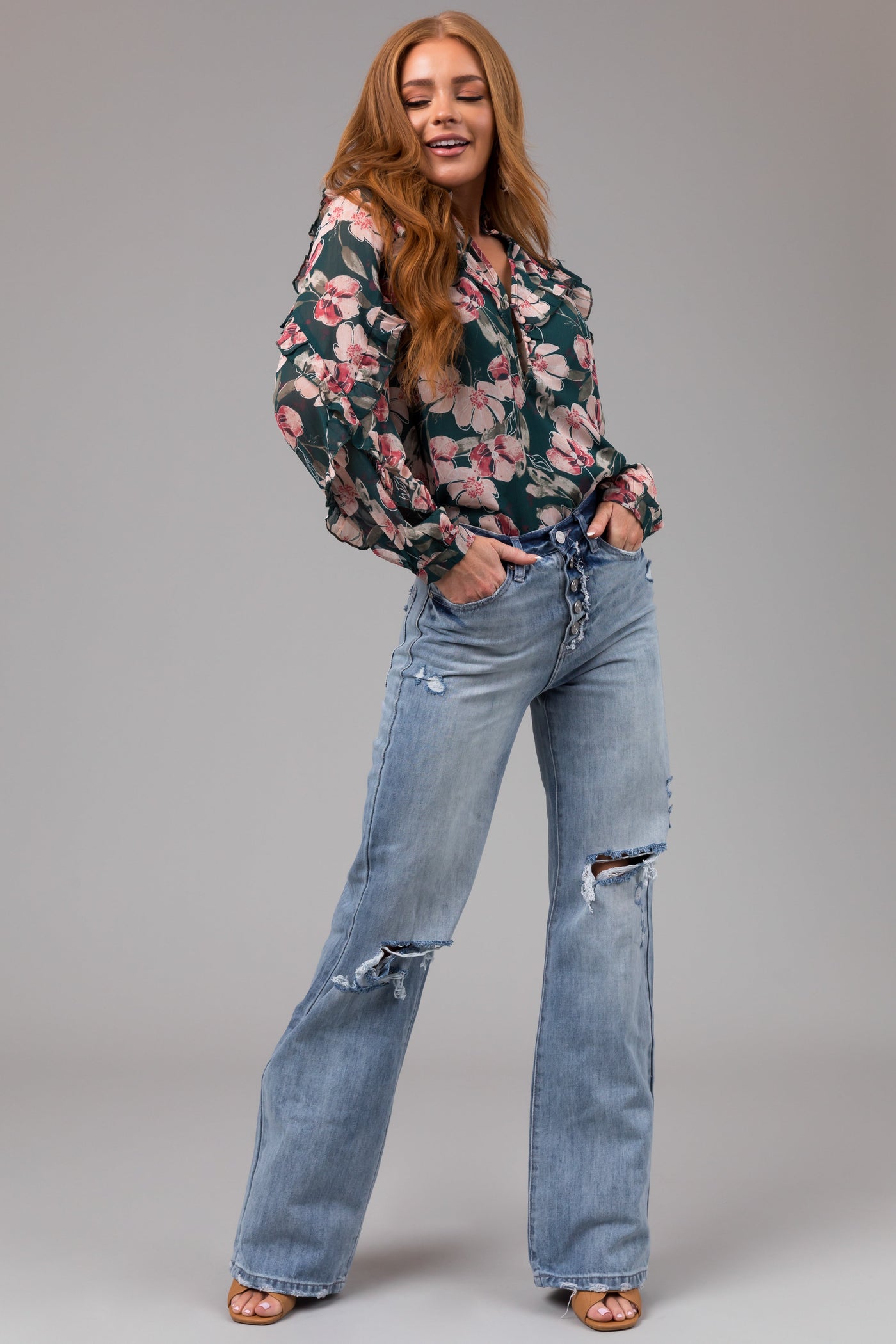 KanCan Light Wash Distressed Button Fly Wide Leg Jeans