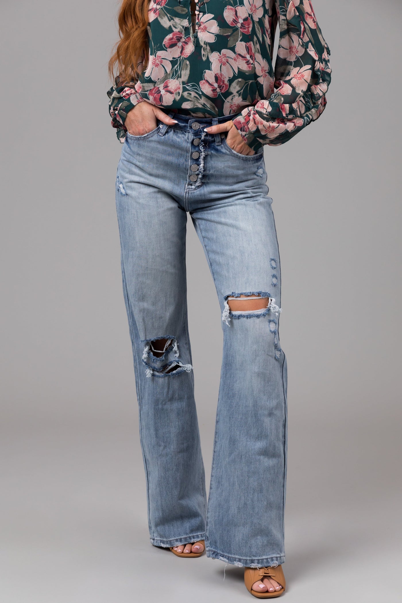 KanCan Light Wash Distressed Button Fly Wide Leg Jeans