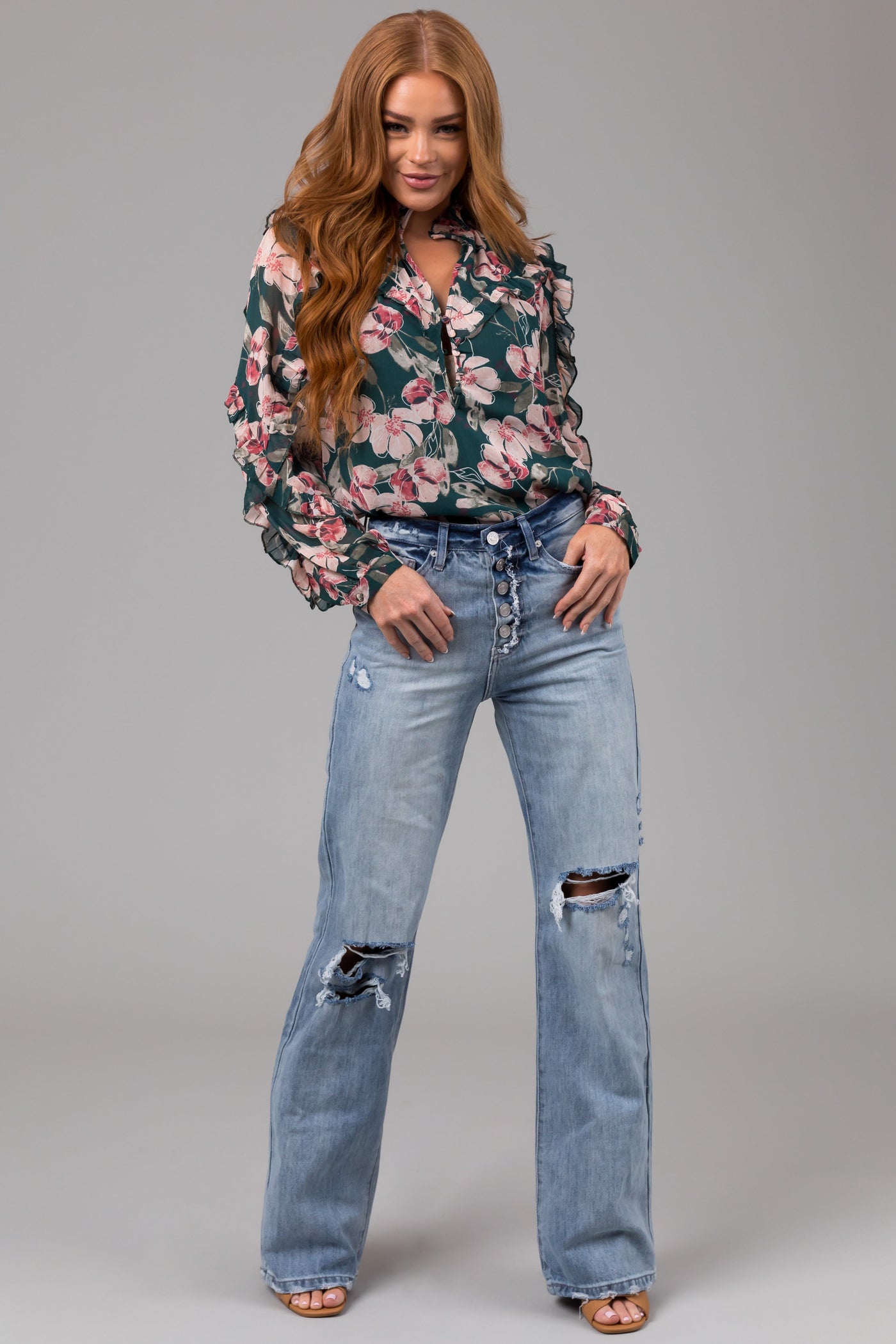 KanCan Light Wash Distressed Button Fly Wide Leg Jeans