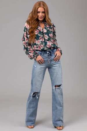 KanCan Light Wash Distressed Button Fly Wide Leg Jeans